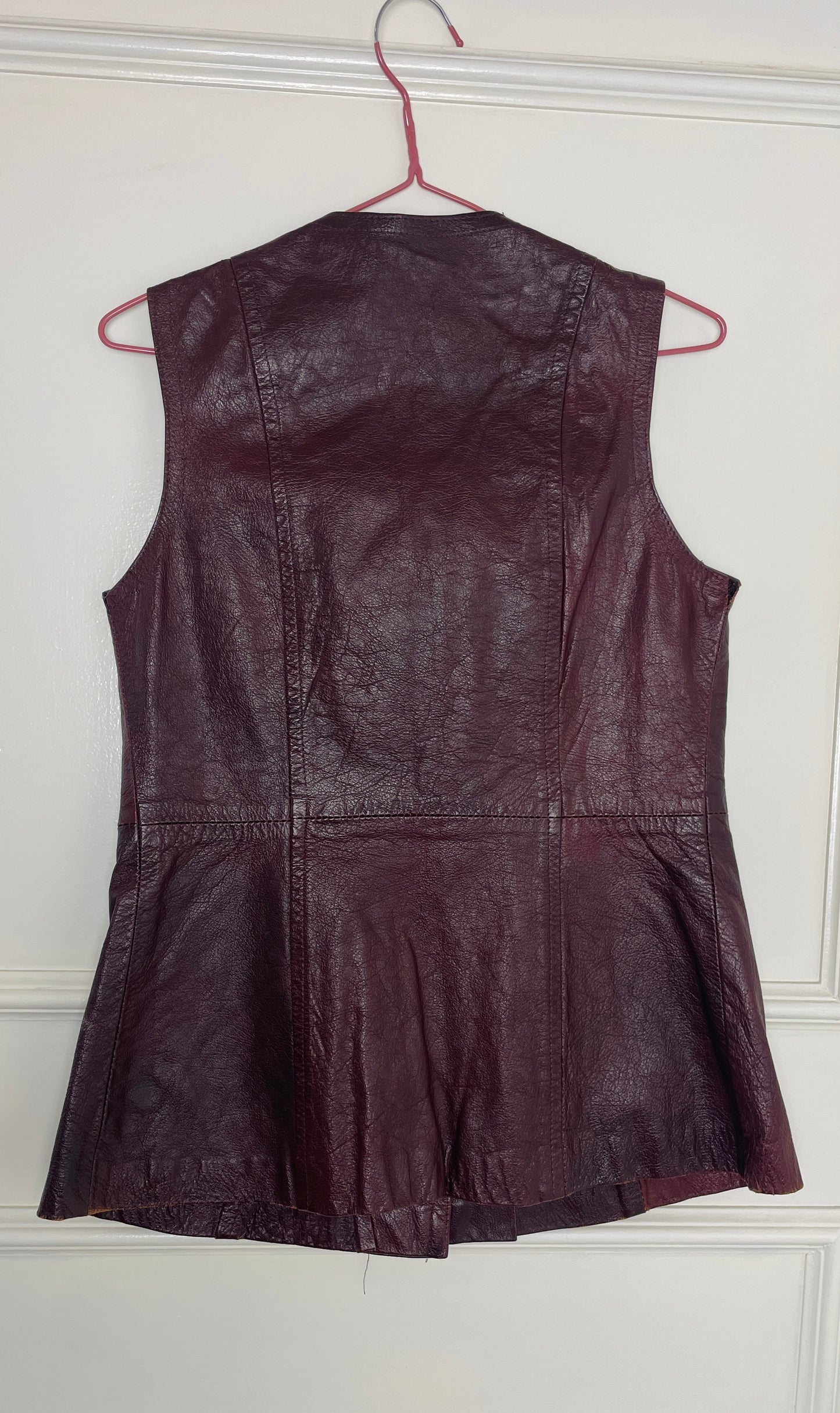 Vintage 90s Long Burgandy Leather Sleeveless Waistcoat - Size 10