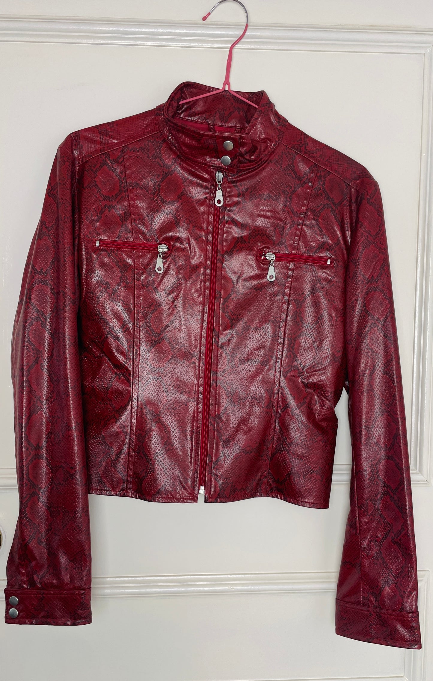 Vintage Y2k Red Faux Leather Snakeskin Fitted Moto Jacket - Size 10