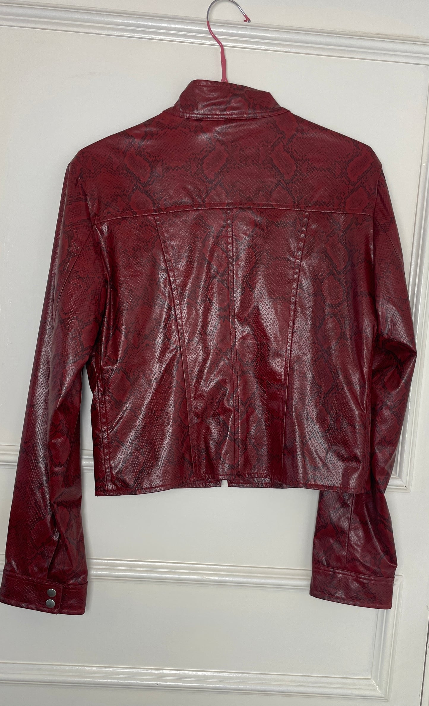 Vintage Y2k Red Faux Leather Snakeskin Fitted Moto Jacket - Size 10