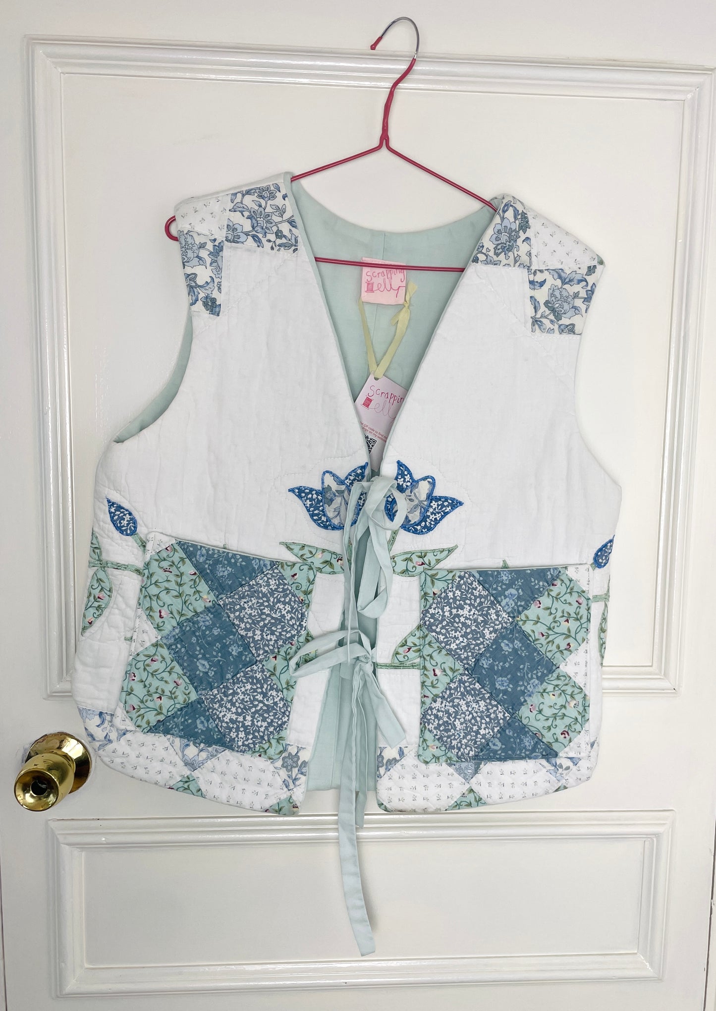 Handmade Blue Floral Tie Front Quilted Vest Gilet - Size 14