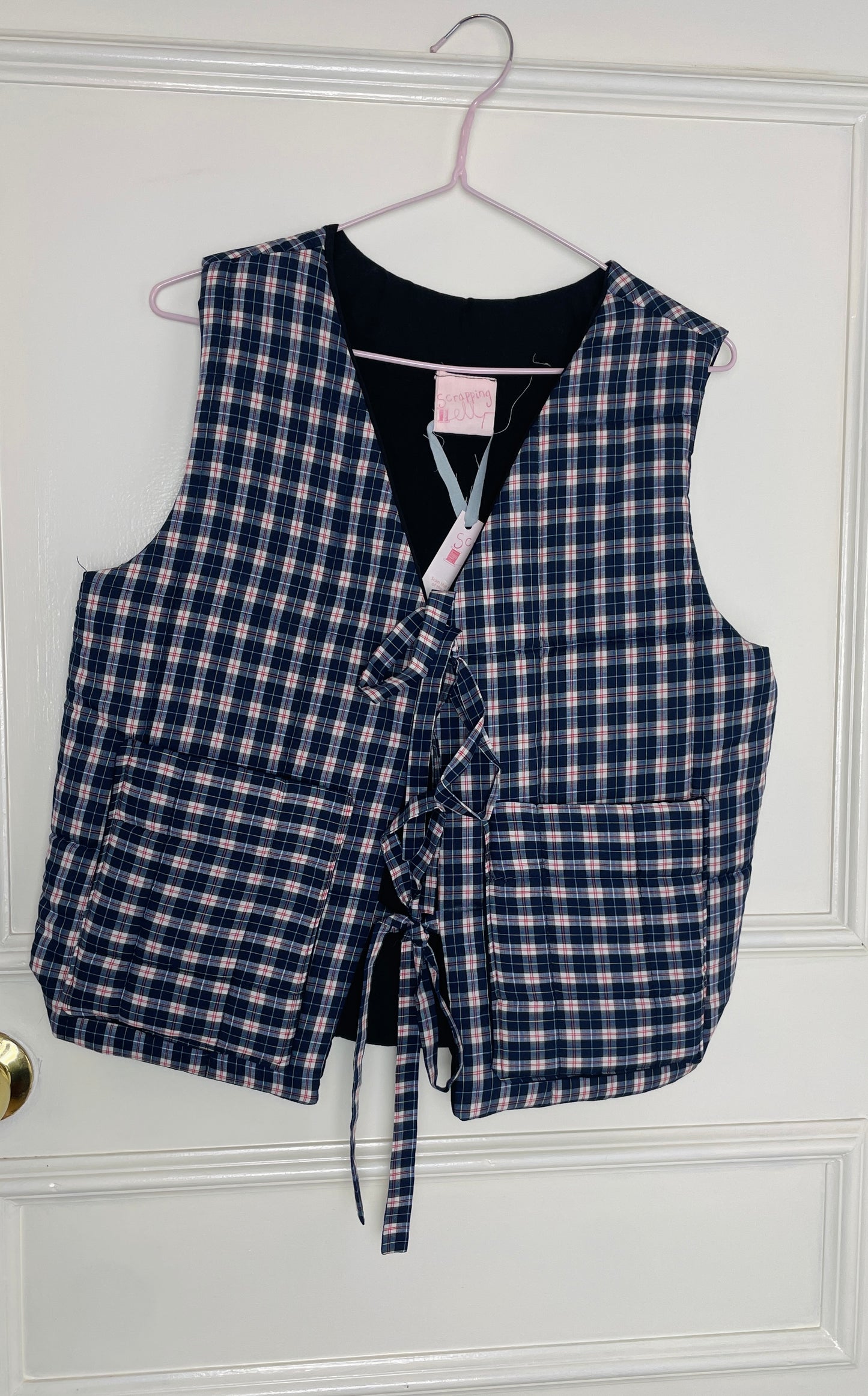Handmade Navy Blue Checked Tie Front Quilted Vest Gilet - Size 10