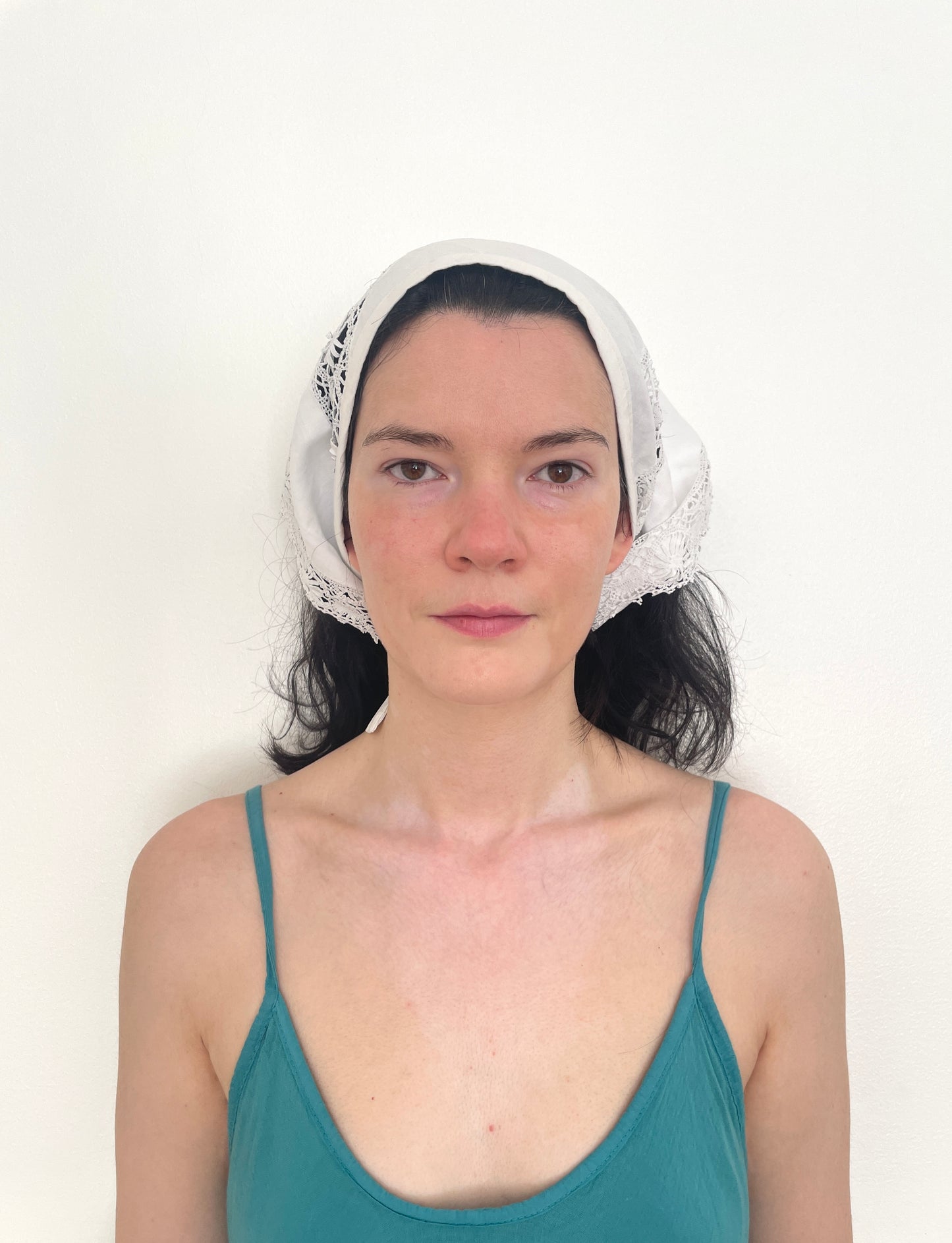 Handmade White Embroidered Cotton Head Scarf Bandana with Lace Trim