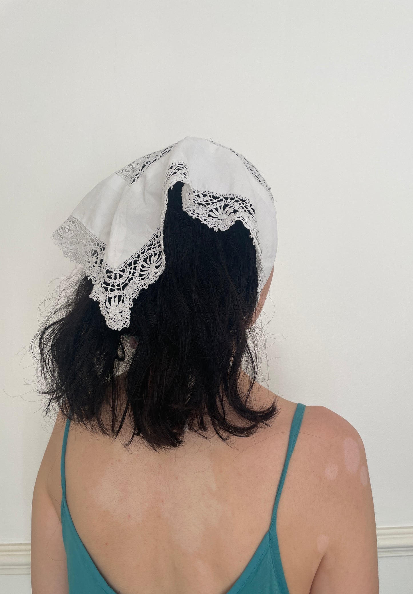 Handmade White Embroidered Cotton Head Scarf Bandana with Lace Trim