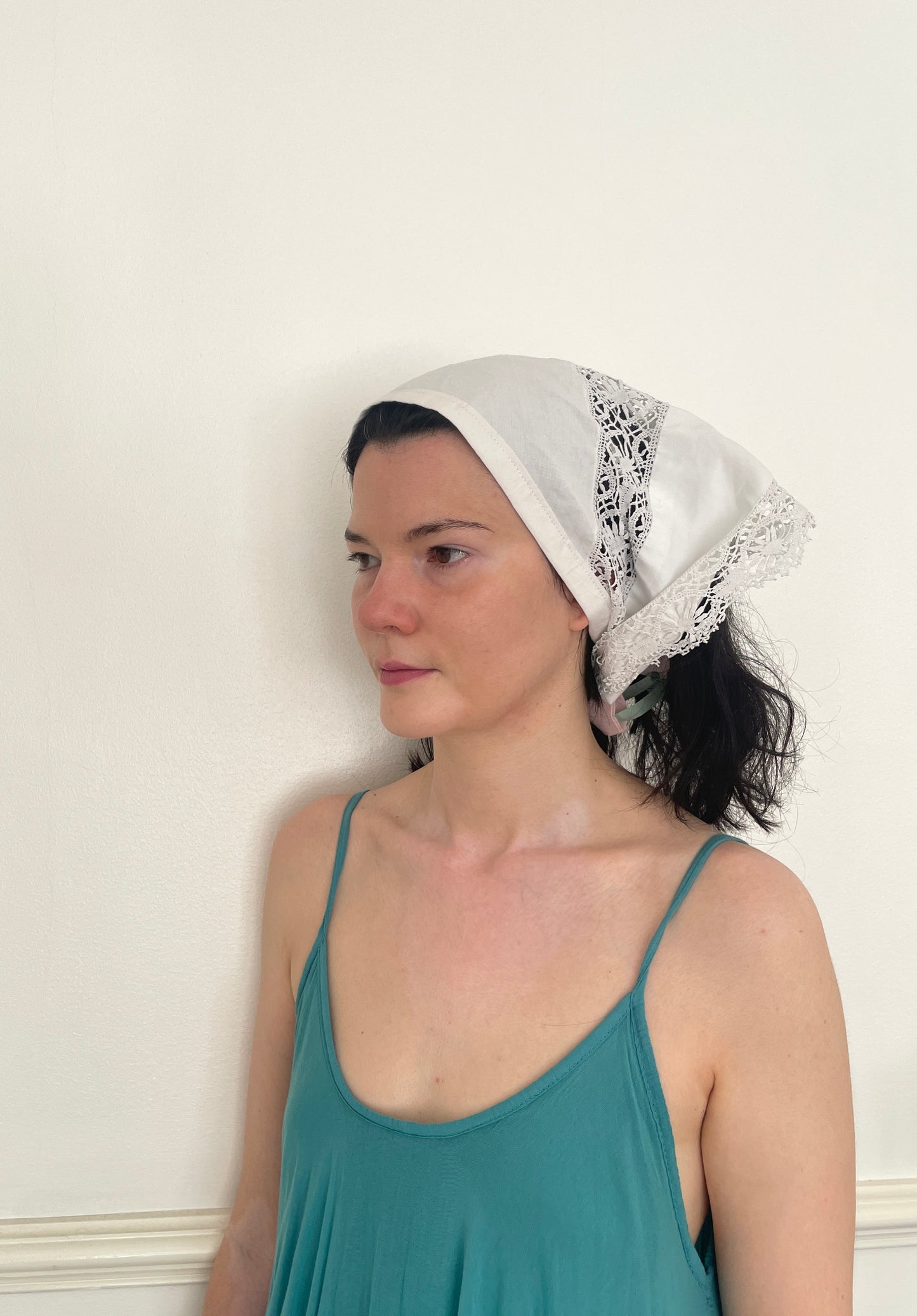 Handmade White Embroidered Cotton Head Scarf Bandana with Lace Trim