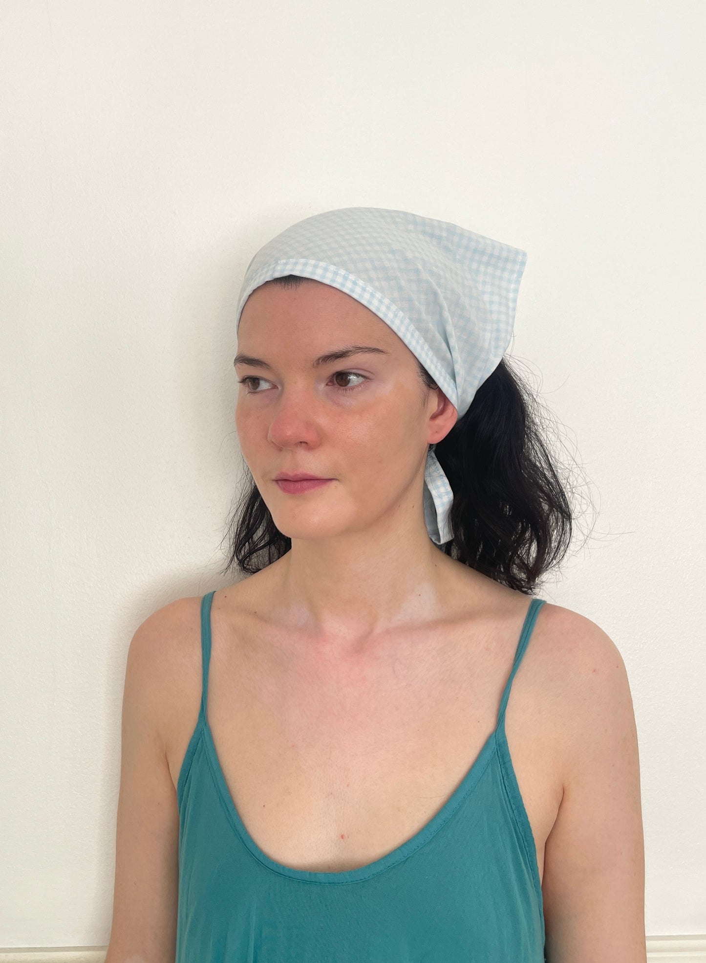Handmade Blue Gingham Cotton Head Scarf Bandana