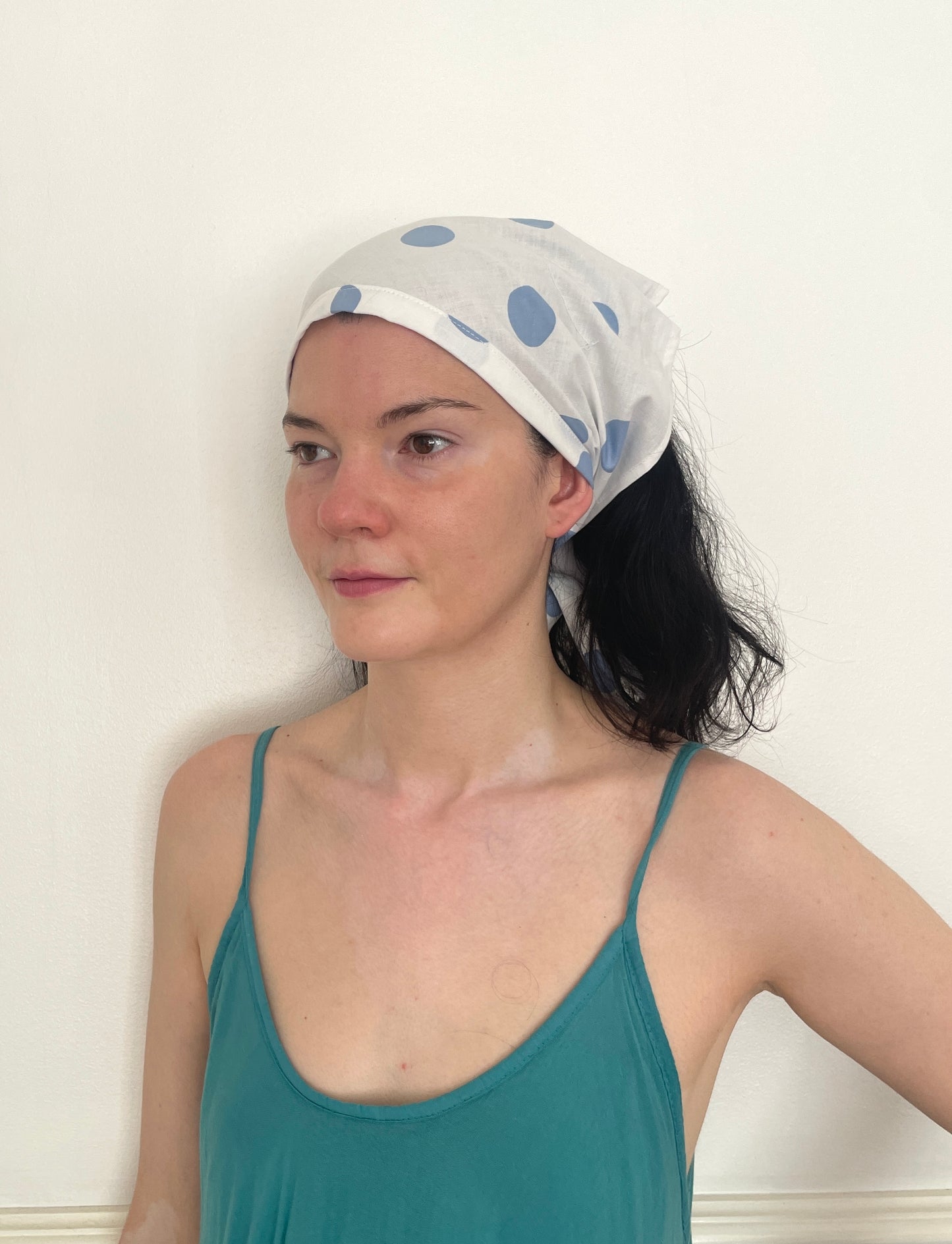 Handmade Blue Polka Dot Cotton Head Scarf Bandana