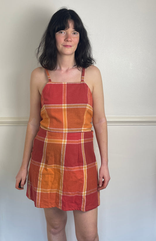 Handmade Orange Checked Tie Back Cross Strap Mini Dress - Size 12