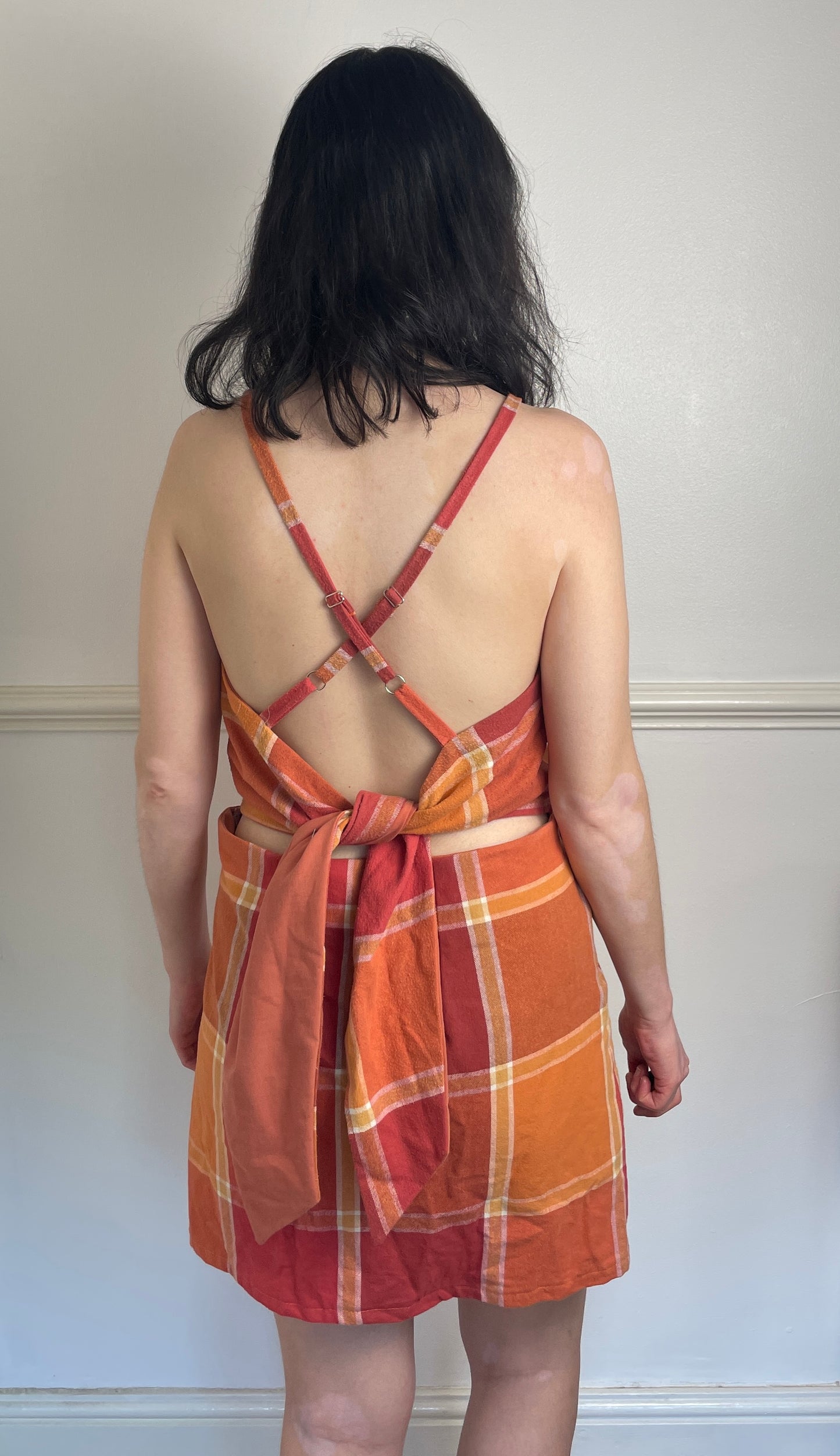 Handmade Orange Checked Tie Back Cross Strap Mini Dress - Size 12