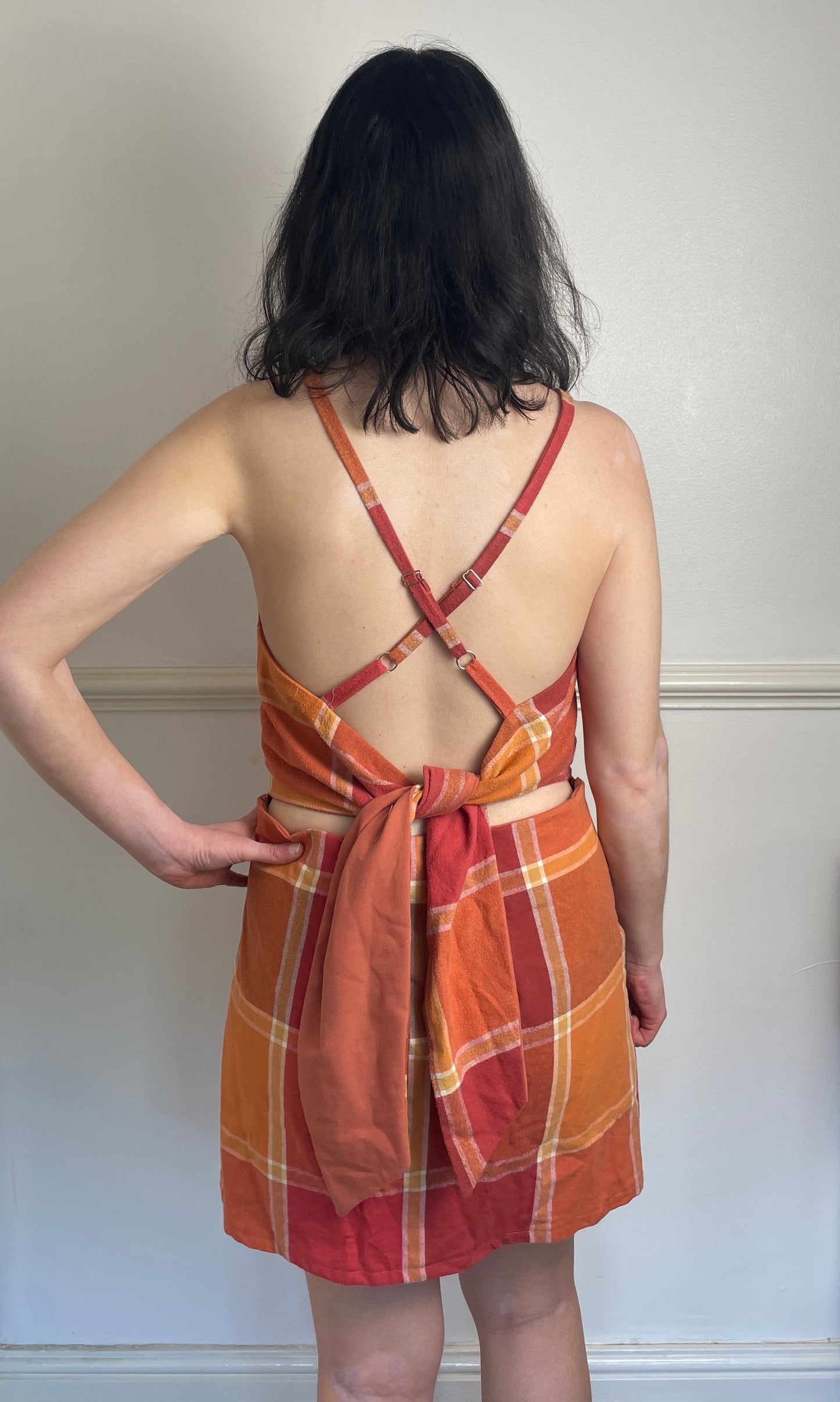 Handmade Orange Checked Tie Back Cross Strap Mini Dress - Size 12