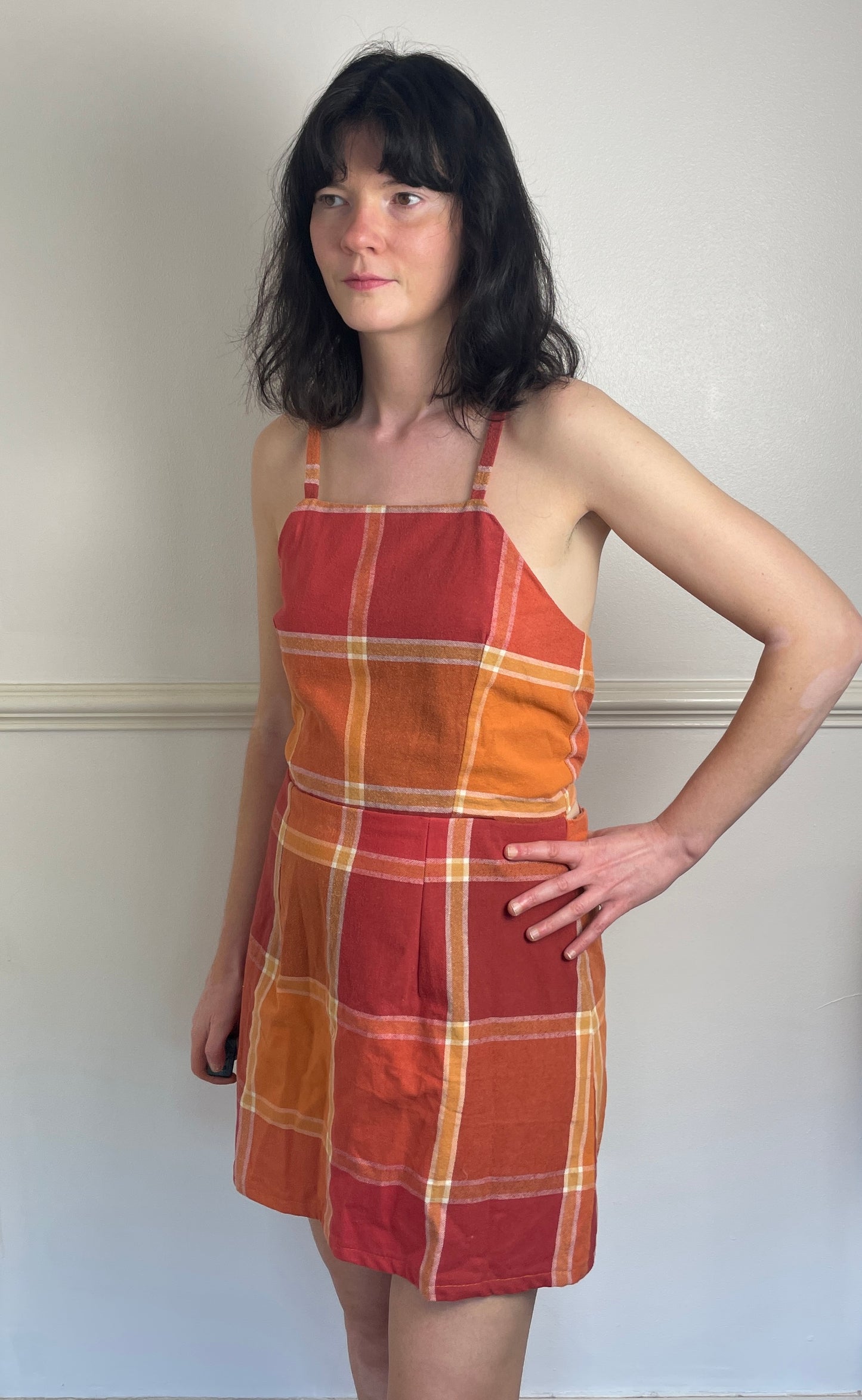 Handmade Orange Checked Tie Back Cross Strap Mini Dress - Size 12