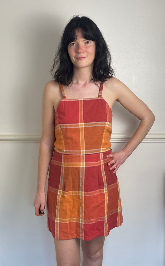 Handmade Orange Checked Tie Back Cross Strap Mini Dress - Size 12