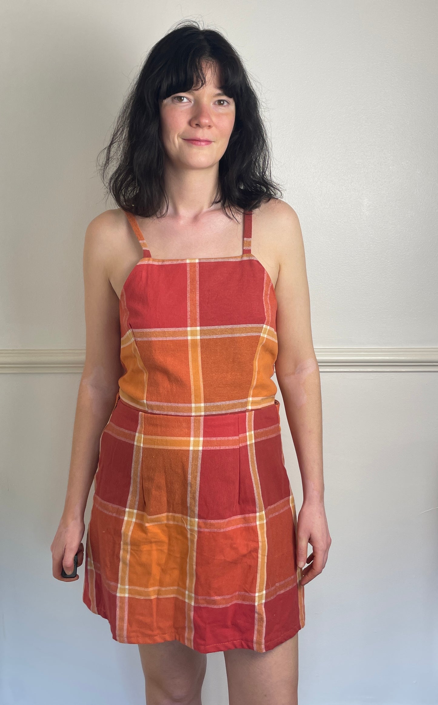 Handmade Orange Checked Tie Back Cross Strap Mini Dress - Size 12