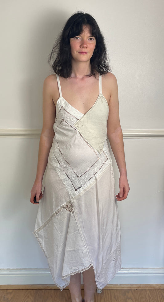 Handmade White Embroidered Patchwork Lace Up Back Hankerchief Hem Midi Dress - Size 10
