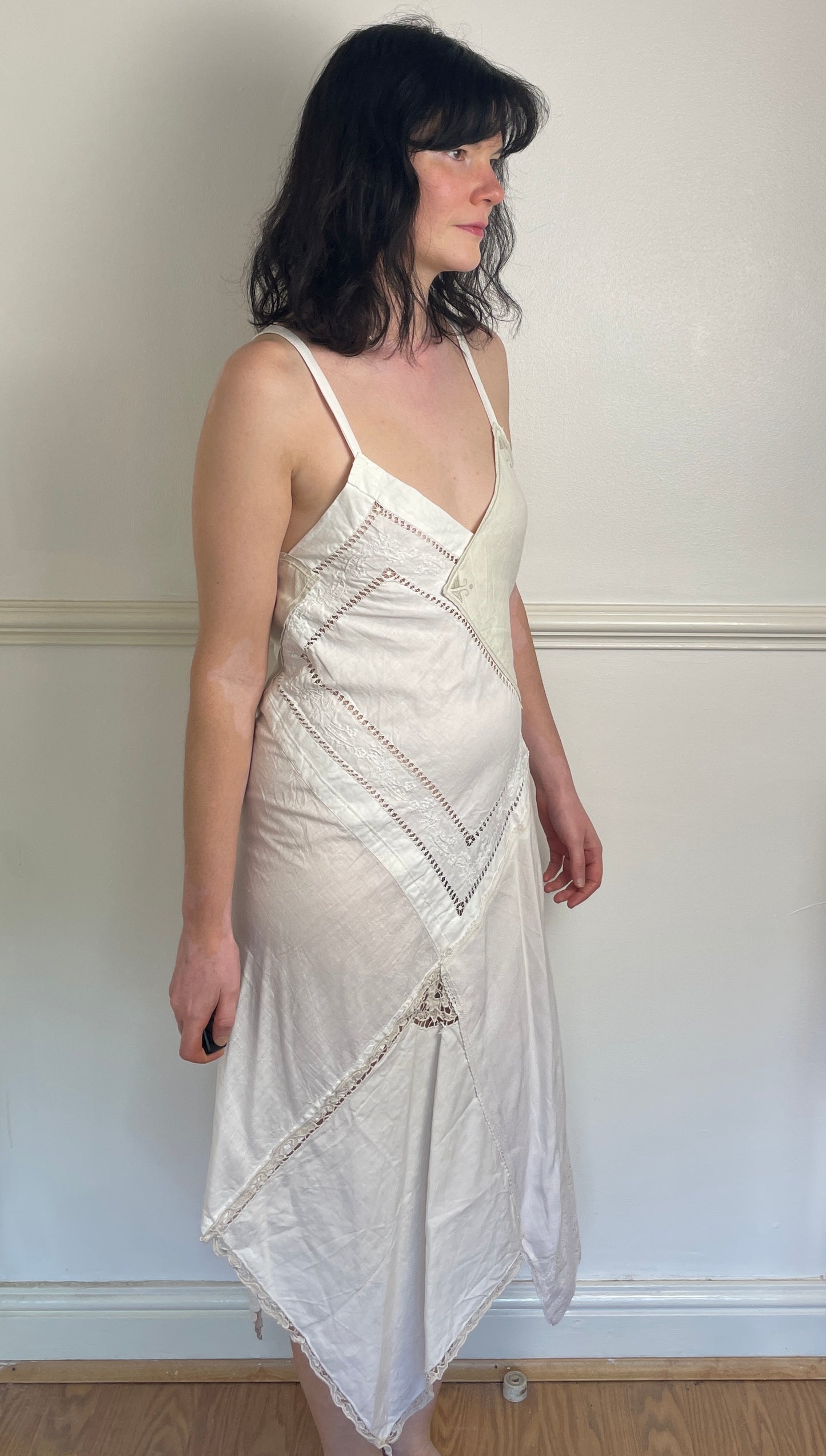 Handmade White Embroidered Patchwork Lace Up Back Hankerchief Hem Midi Dress - Size 10