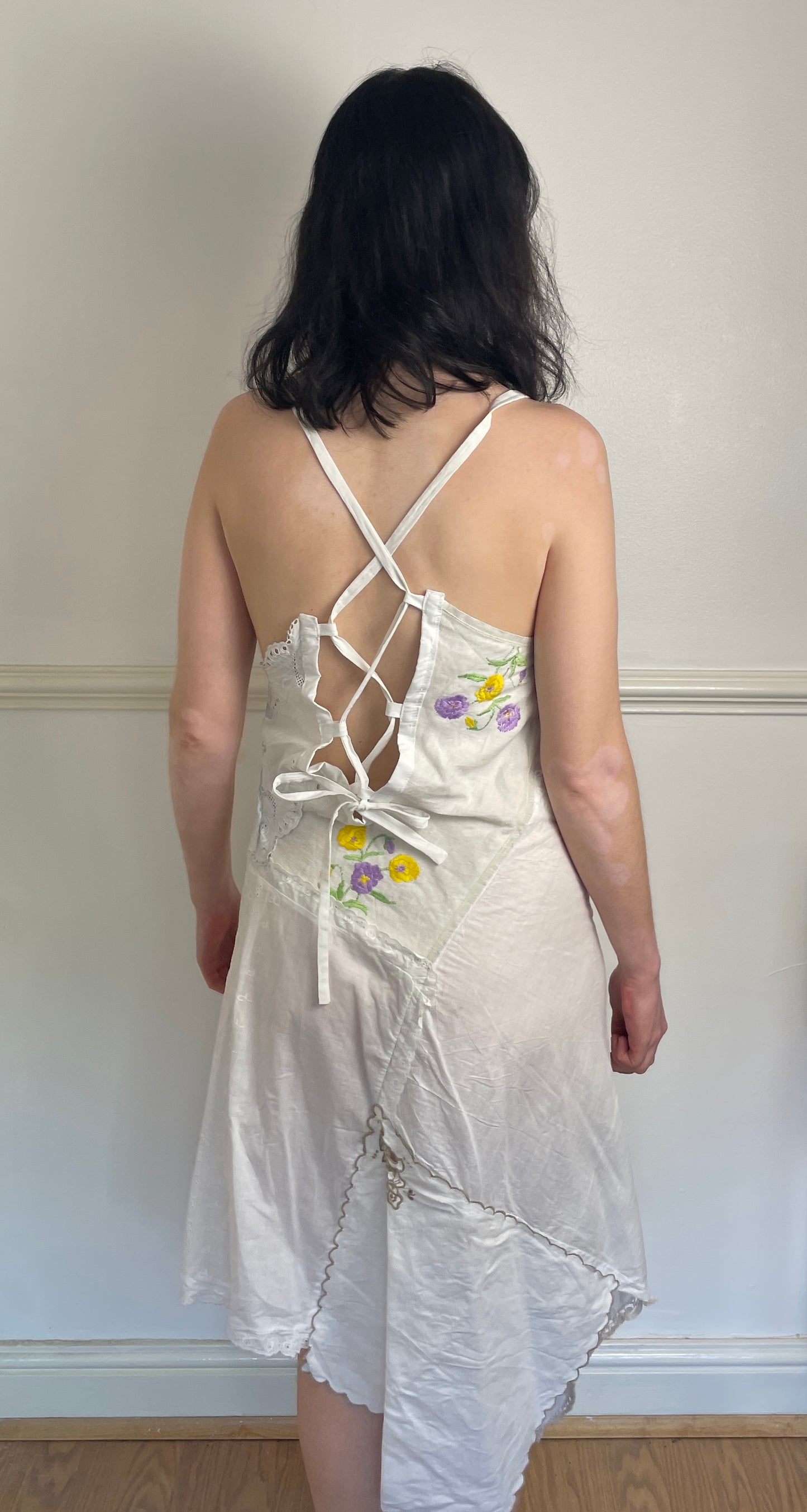 Handmade White Embroidered Patchwork Lace Up Back Hankerchief Hem Midi Dress - Size 10