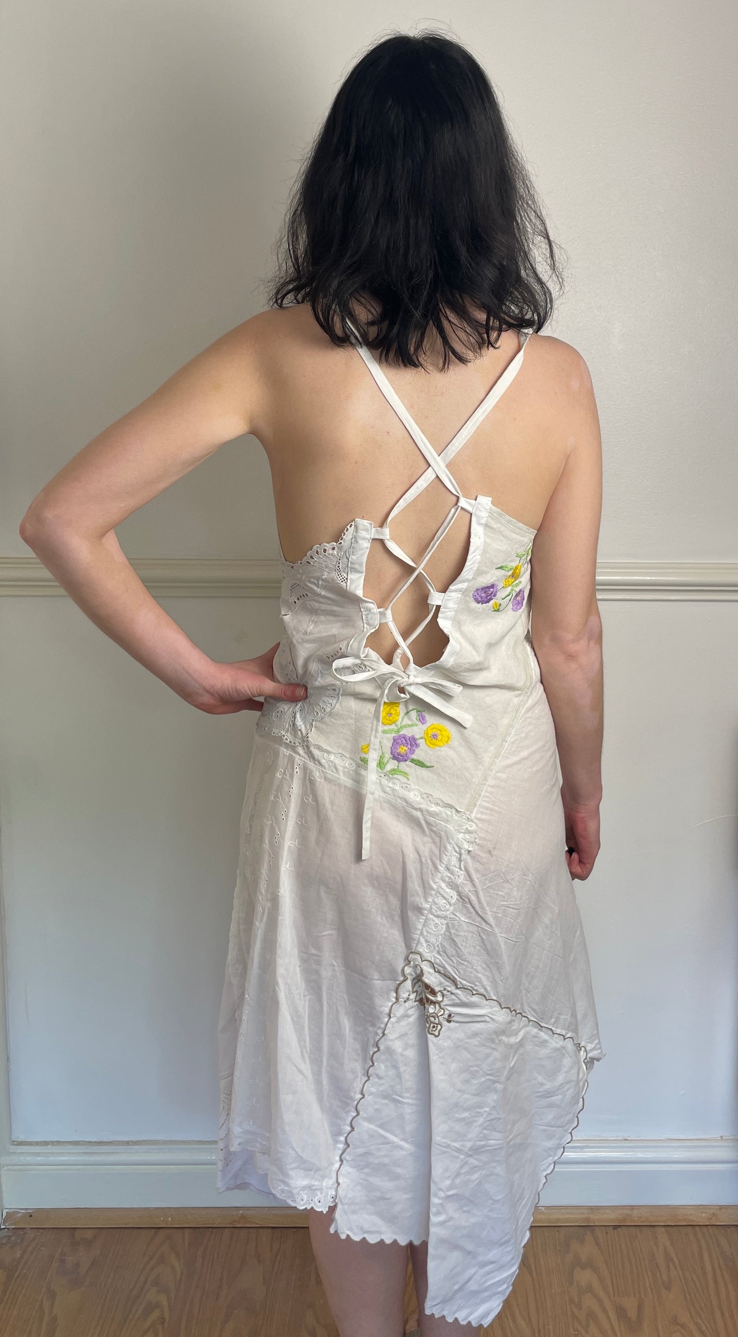 Handmade White Embroidered Patchwork Lace Up Back Hankerchief Hem Midi Dress - Size 10