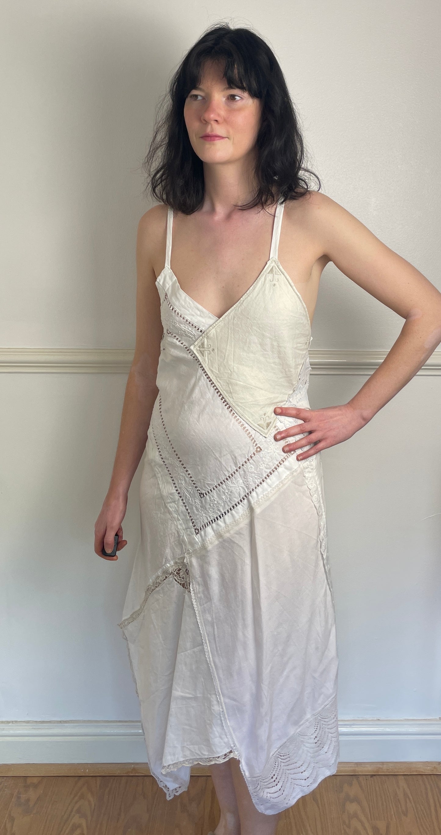 Handmade White Embroidered Patchwork Lace Up Back Hankerchief Hem Midi Dress - Size 10