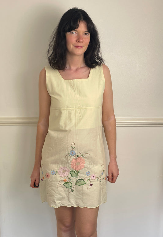 Handmade Pale Yellow Cotton Floral Embroidered Sleeveless Mini Dress - Size 10