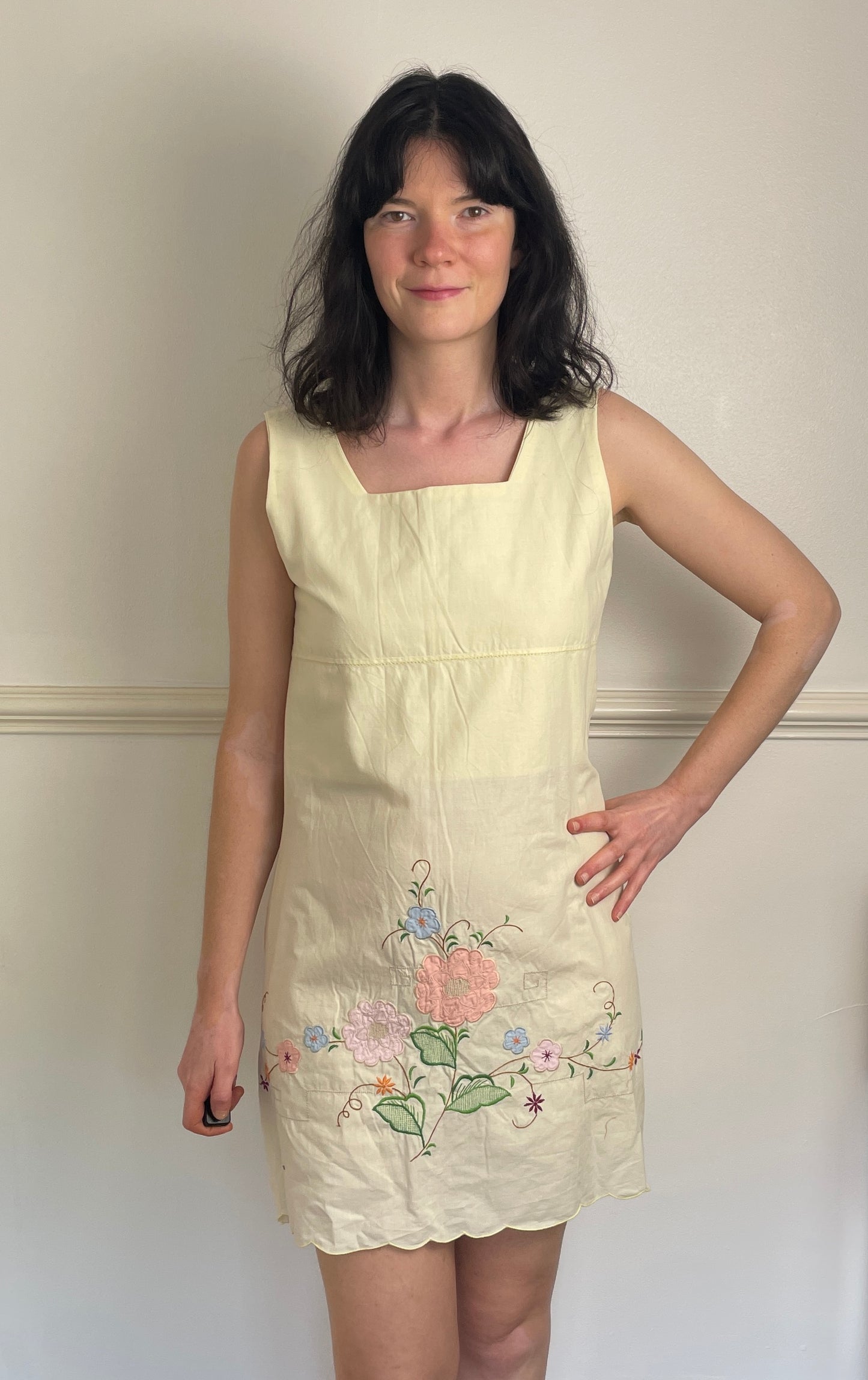 Handmade Pale Yellow Cotton Floral Embroidered Sleeveless Mini Dress - Size 10