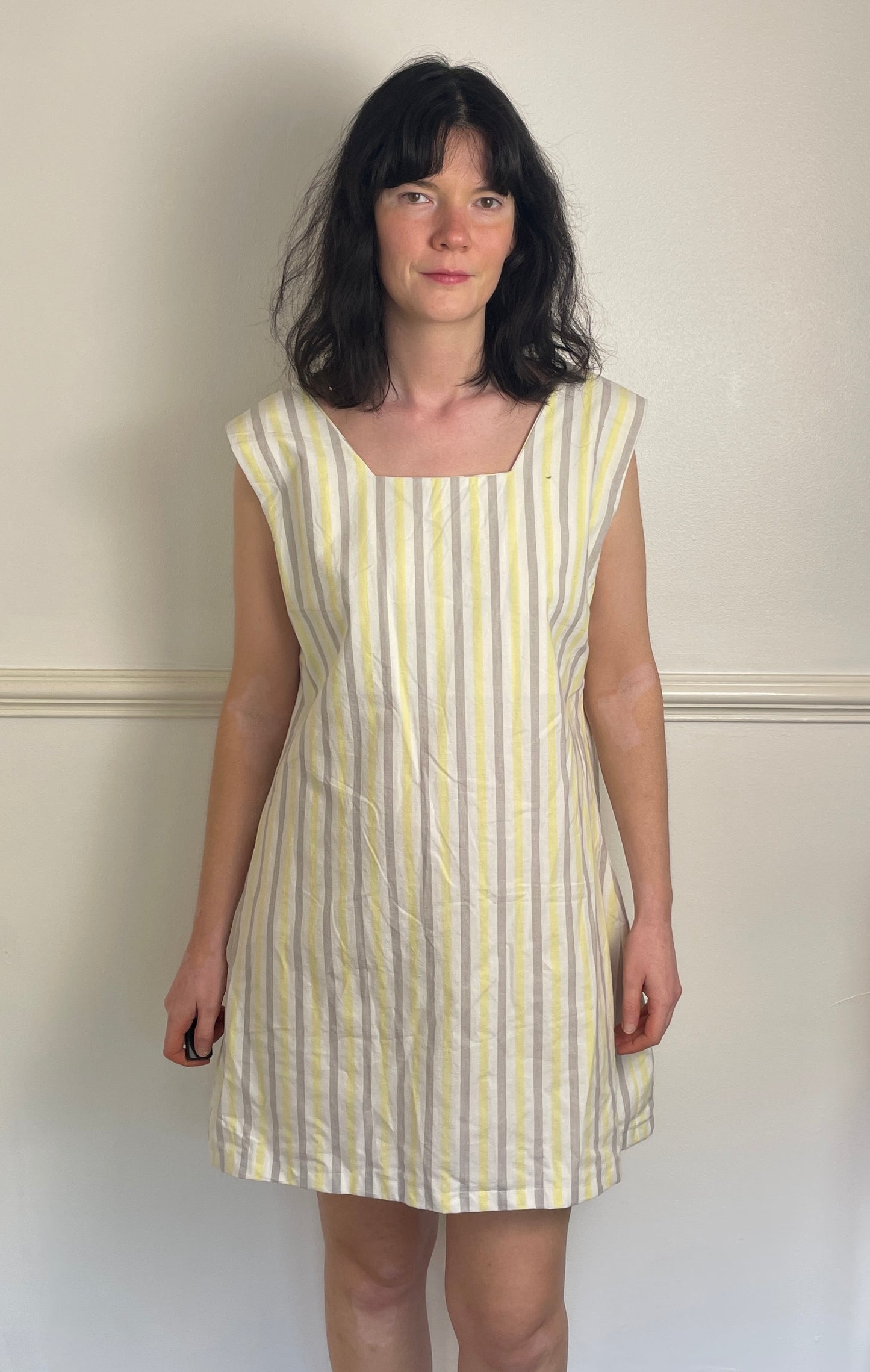 Handmade Yellow Striped Cotton Sleeveless Mini Dress - Size 16
