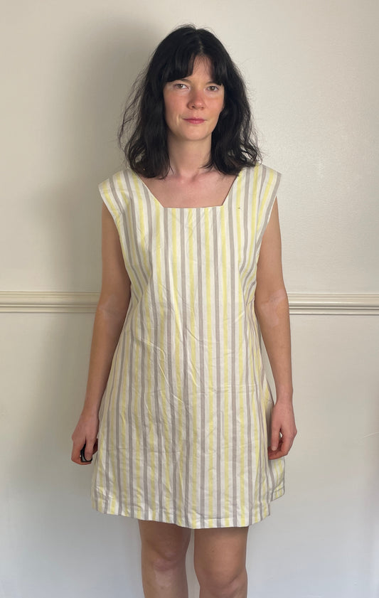 Handmade Yellow Striped Cotton Sleeveless Mini Dress - Size 16
