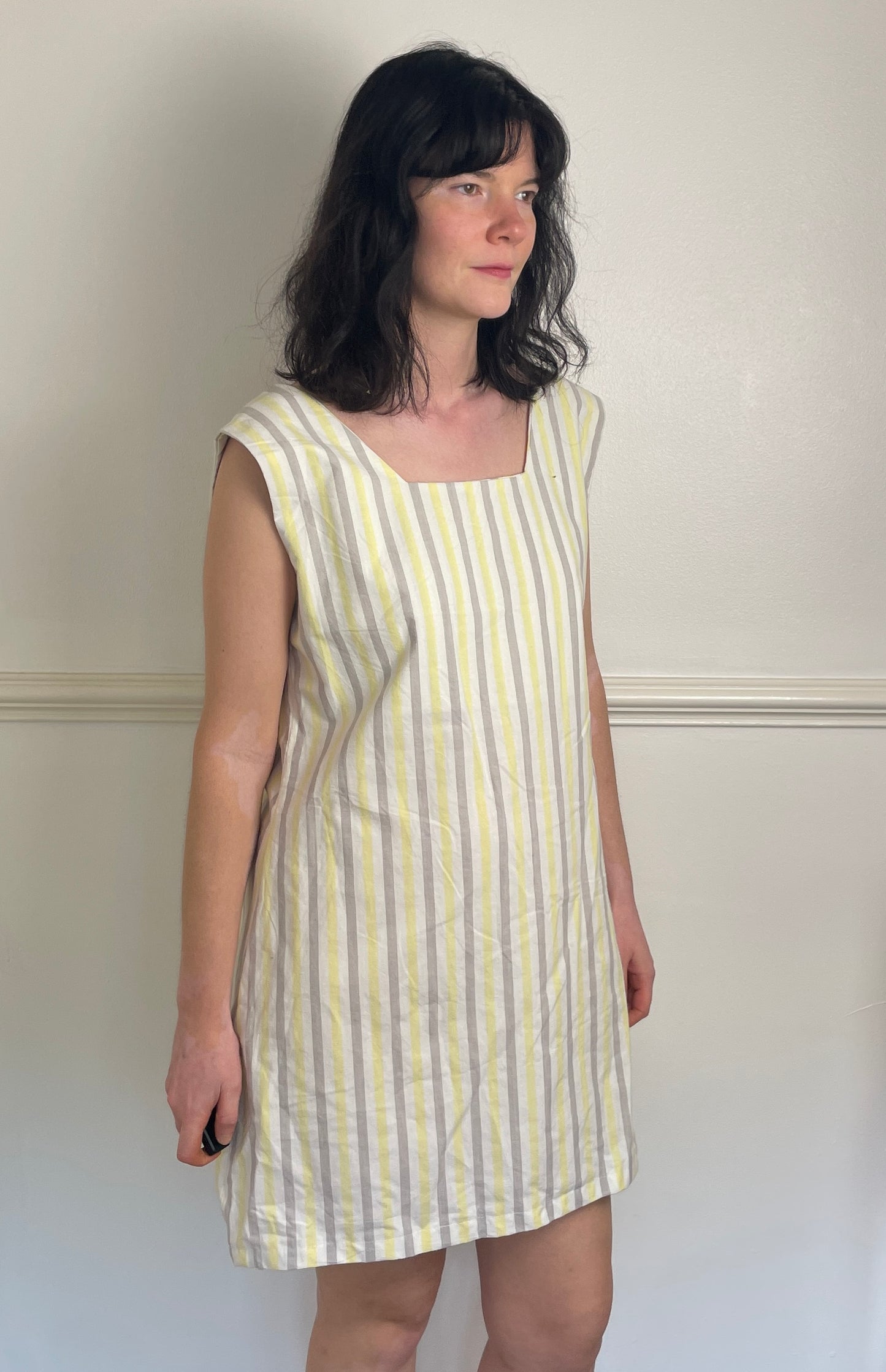 Handmade Yellow Striped Cotton Sleeveless Mini Dress - Size 16