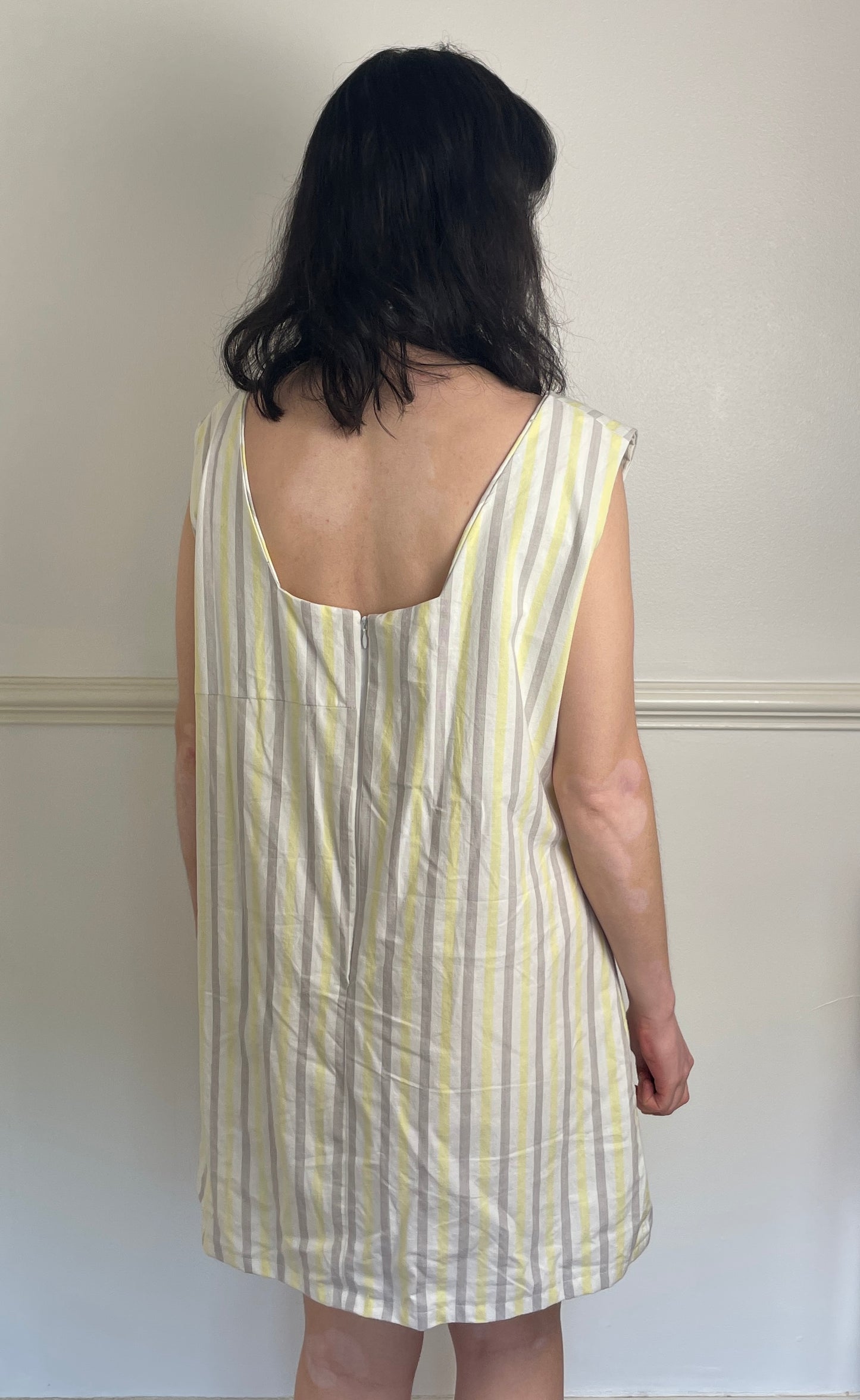 Handmade Yellow Striped Cotton Sleeveless Mini Dress - Size 16