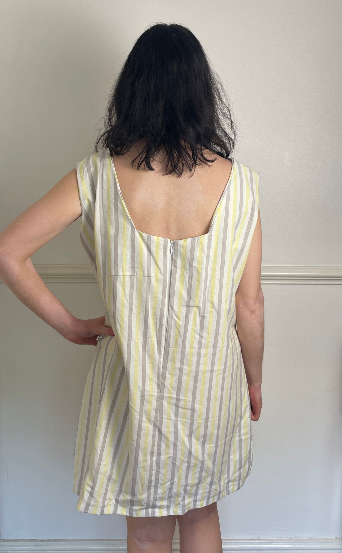 Handmade Yellow Striped Cotton Sleeveless Mini Dress - Size 16