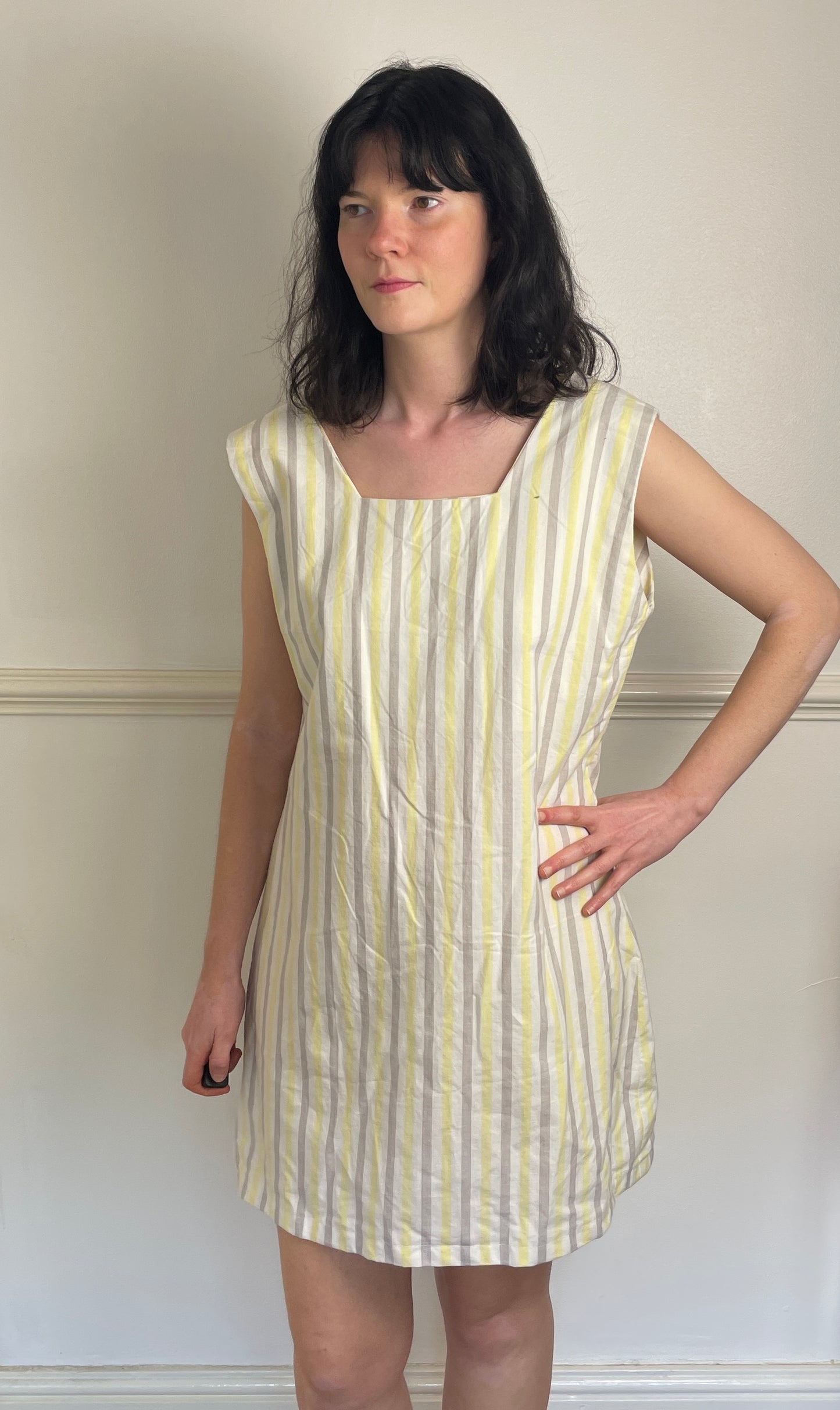 Handmade Yellow Striped Cotton Sleeveless Mini Dress - Size 16