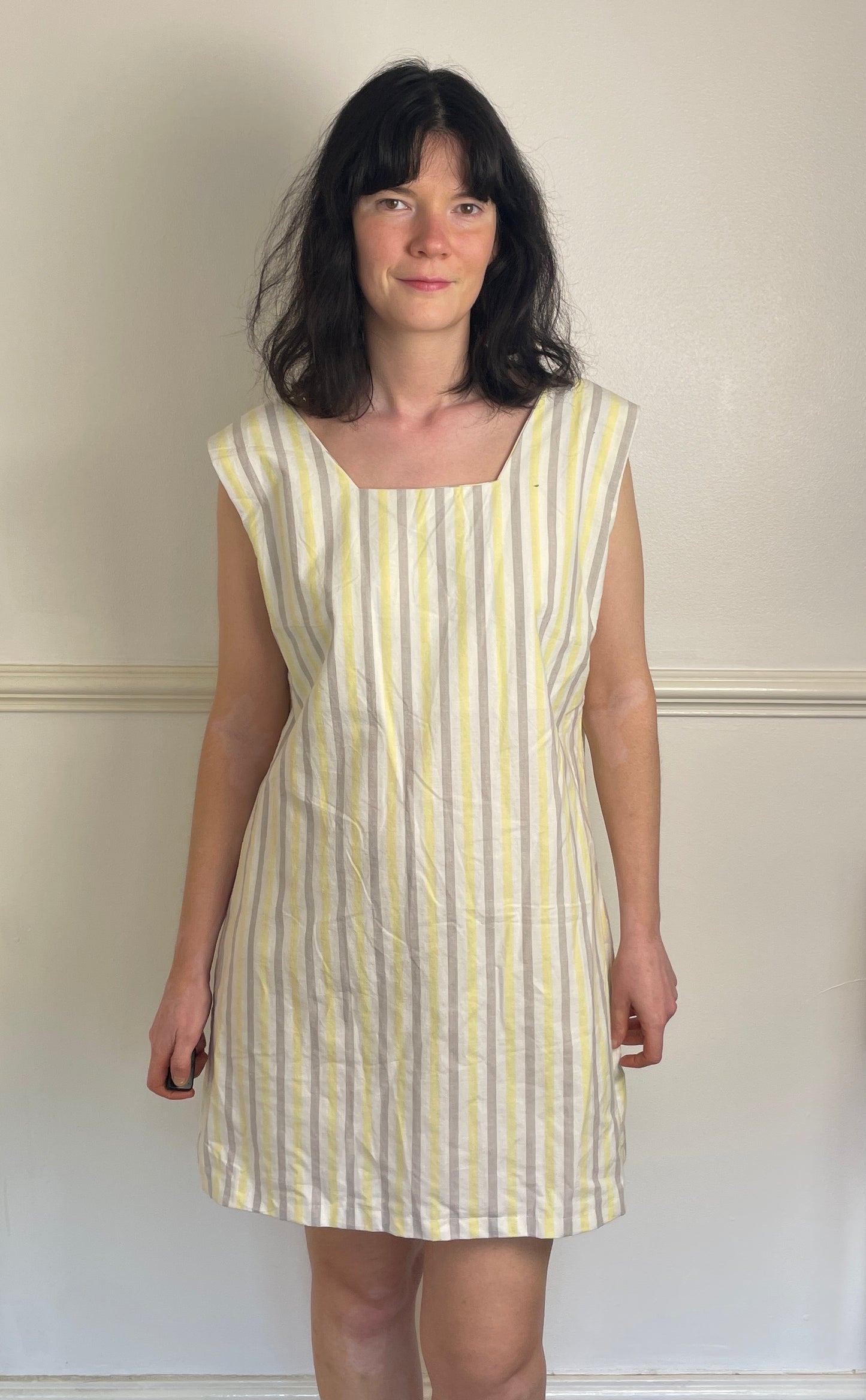 Handmade Yellow Striped Cotton Sleeveless Mini Dress - Size 16