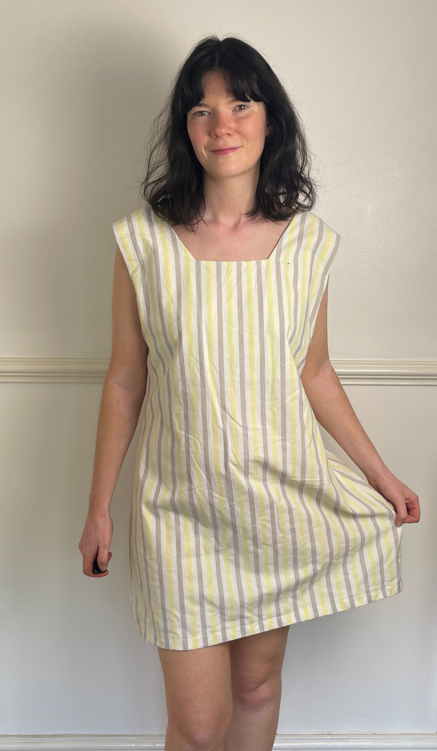 Handmade Yellow Striped Cotton Sleeveless Mini Dress - Size 16