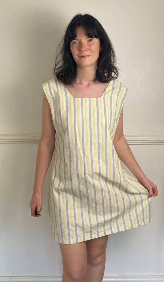 Handmade Yellow Striped Cotton Sleeveless Mini Dress - Size 16