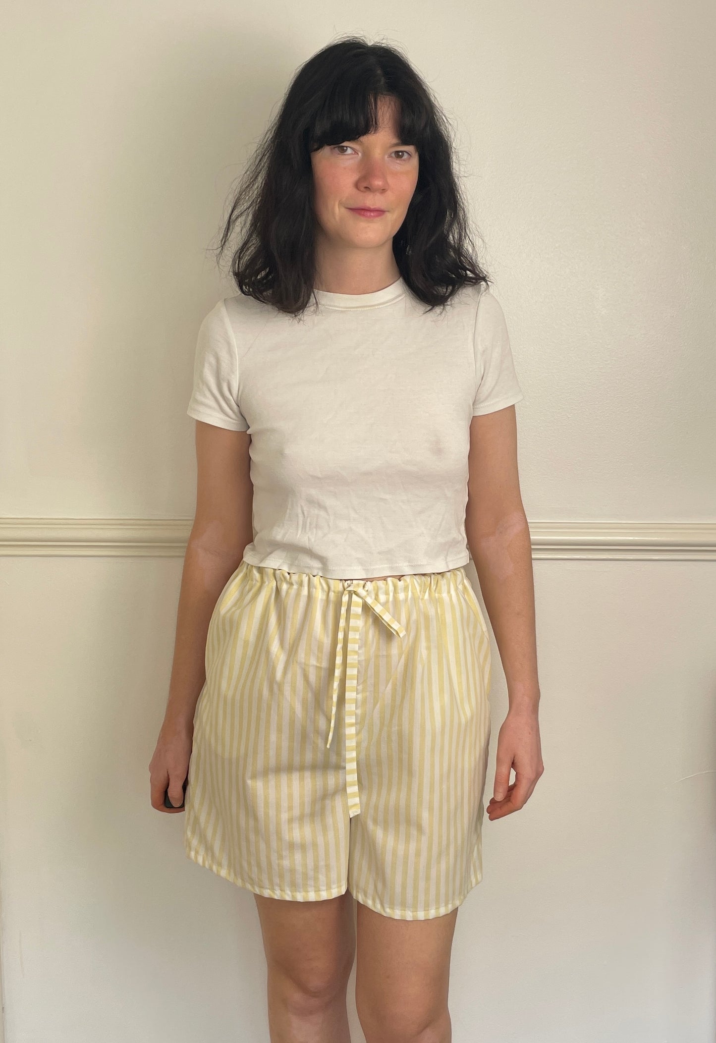 Handmade Long Yellow Striped Cotton Drawstring Shorts - Size 12
