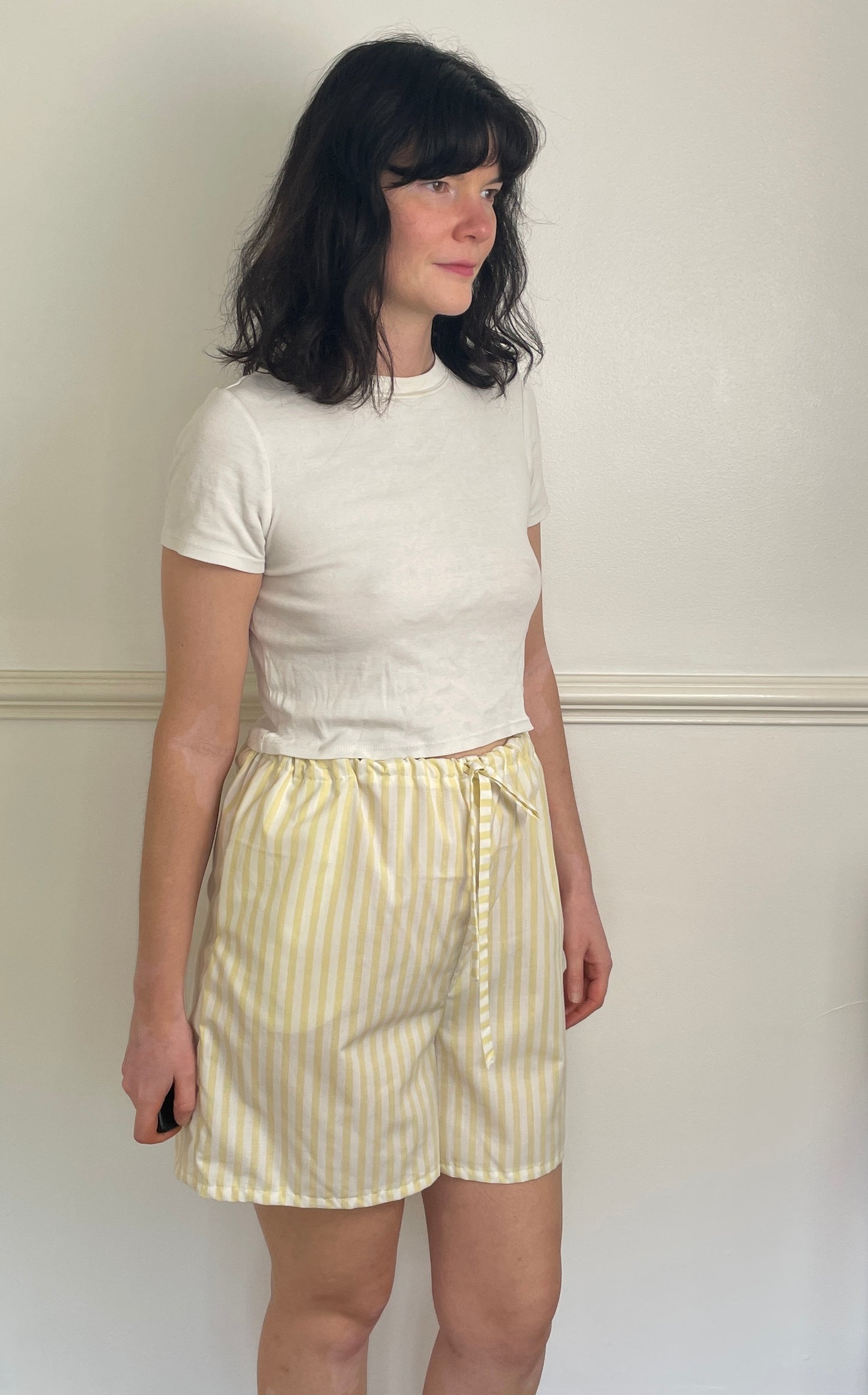 Handmade Long Yellow Striped Cotton Drawstring Shorts - Size 12