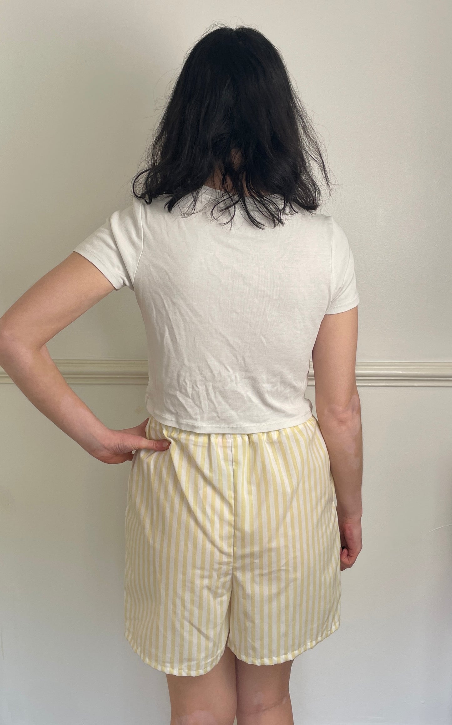 Handmade Long Yellow Striped Cotton Drawstring Shorts - Size 12