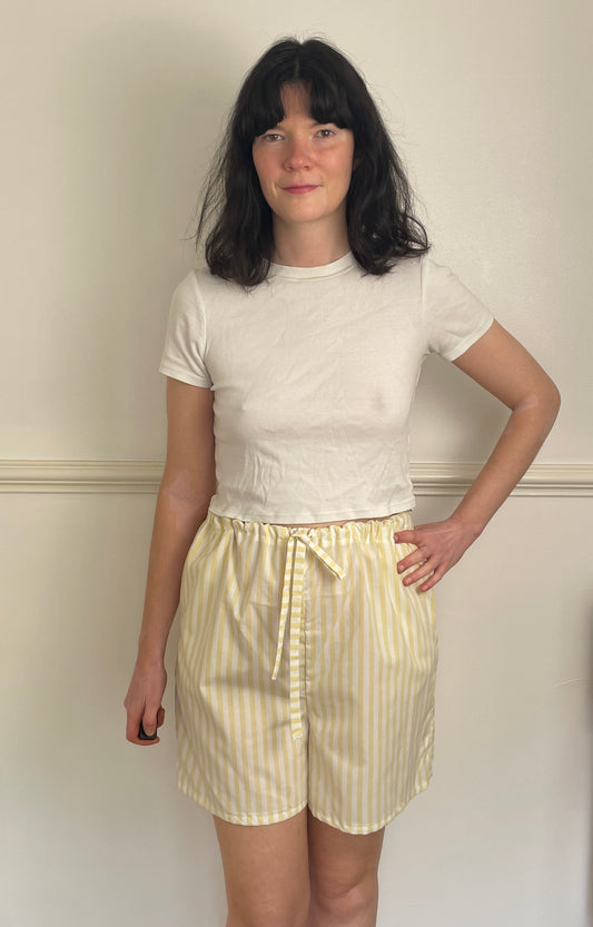 Handmade Long Yellow Striped Cotton Drawstring Shorts - Size 12