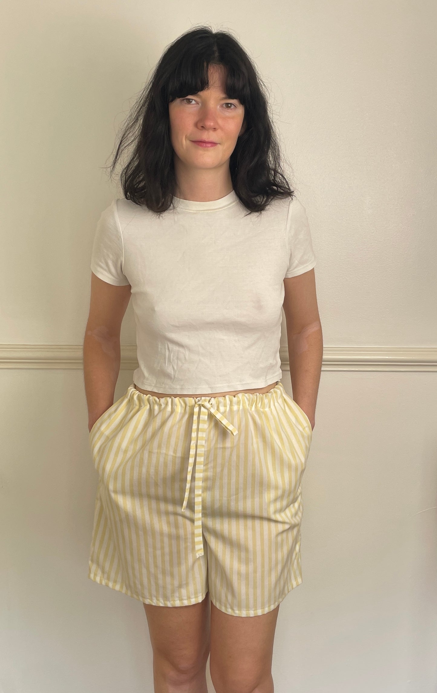Handmade Long Yellow Striped Cotton Drawstring Shorts - Size 12