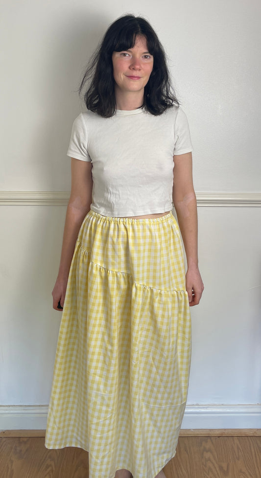 Handmade Yellow Gingham Tiered Elastic Waist Maxi Skirt - Size 12