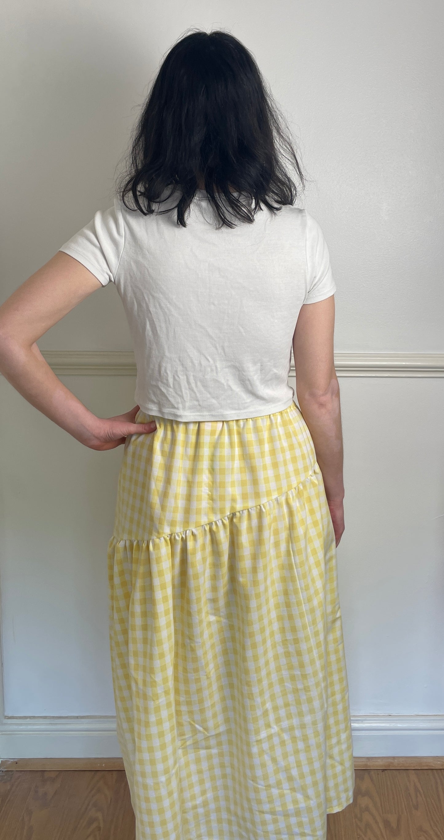 Handmade Yellow Gingham Tiered Elastic Waist Maxi Skirt - Size 12
