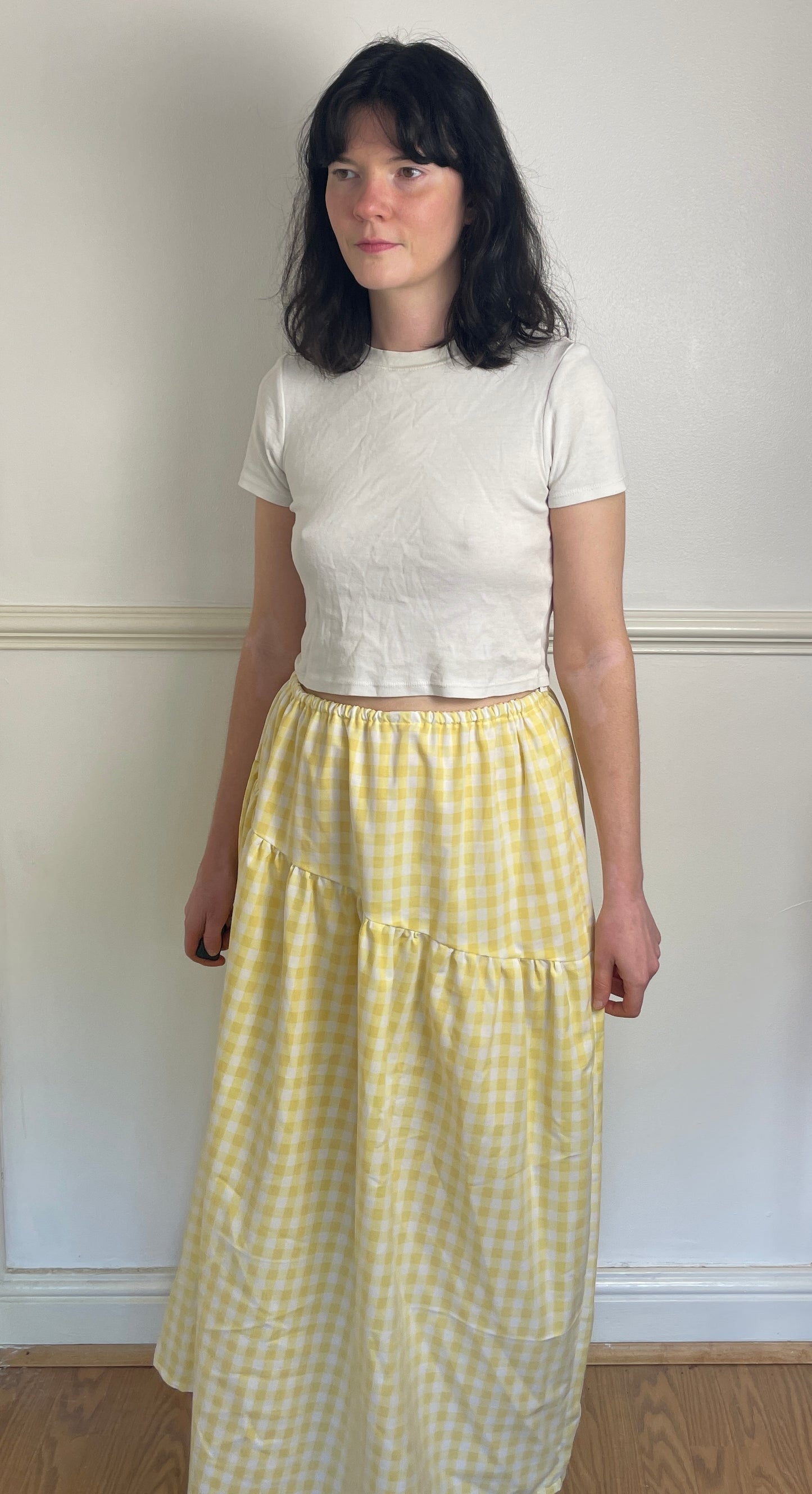 Handmade Yellow Gingham Tiered Elastic Waist Maxi Skirt - Size 12