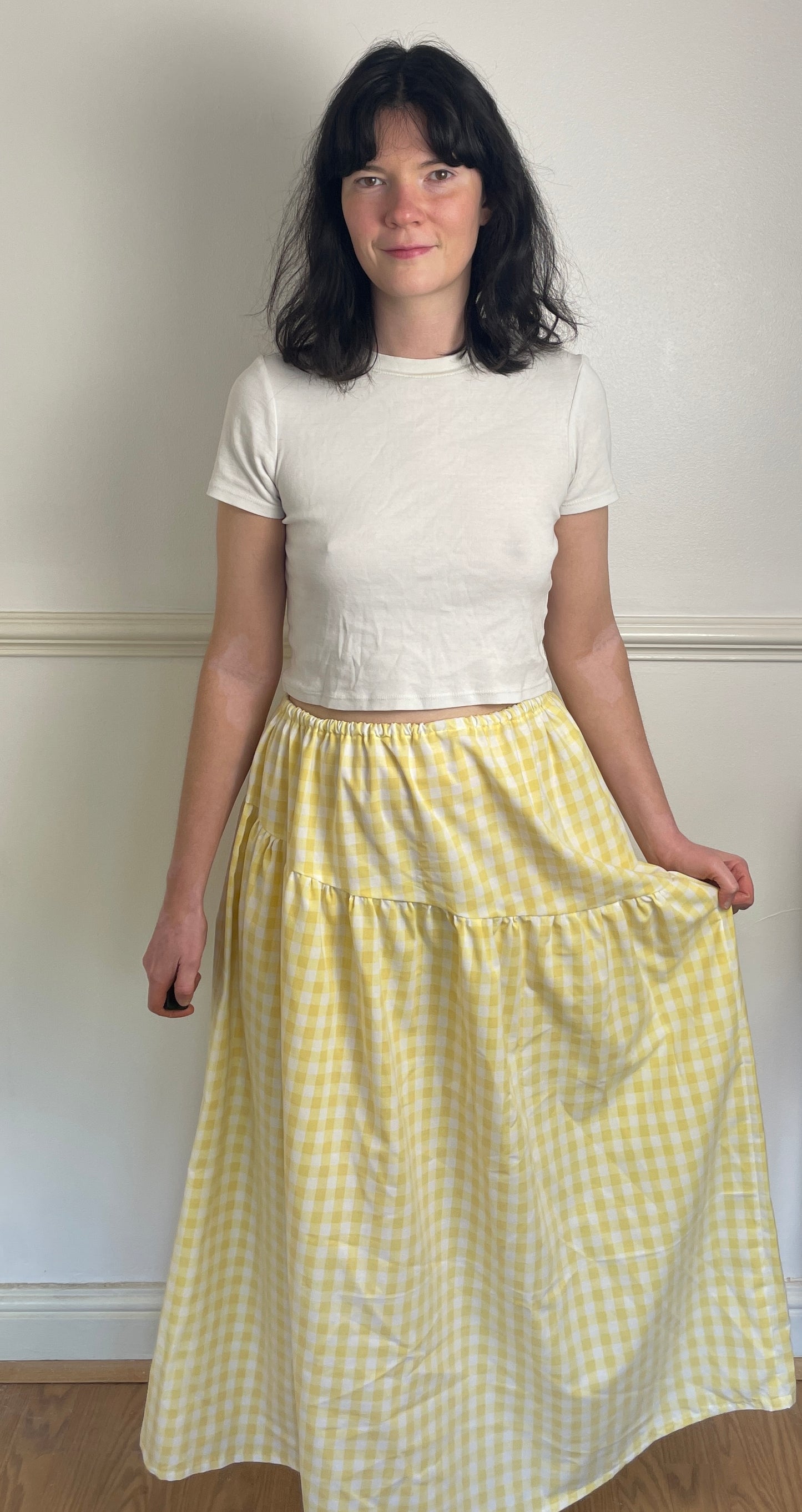 Handmade Yellow Gingham Tiered Elastic Waist Maxi Skirt - Size 12