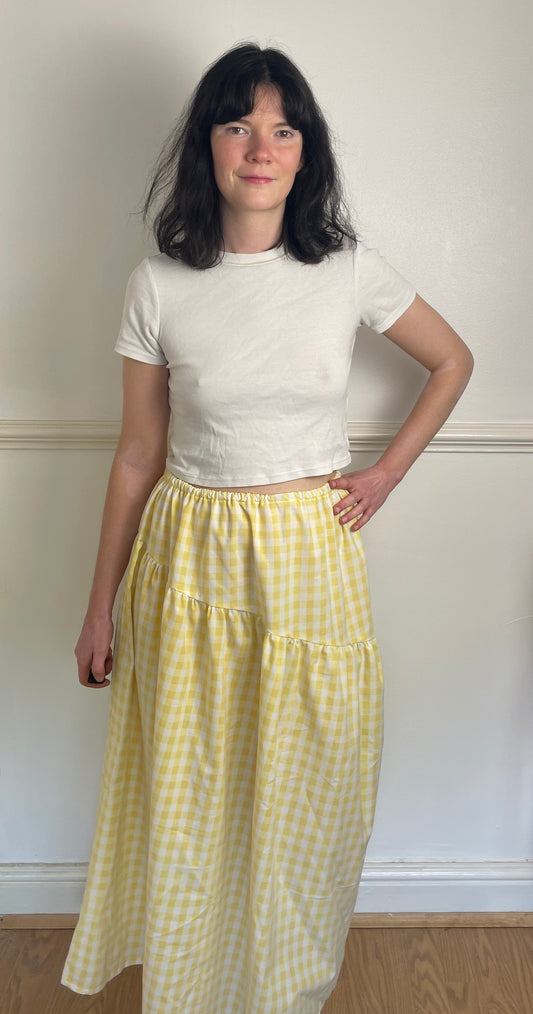 Handmade Yellow Gingham Tiered Elastic Waist Maxi Skirt - Size 12