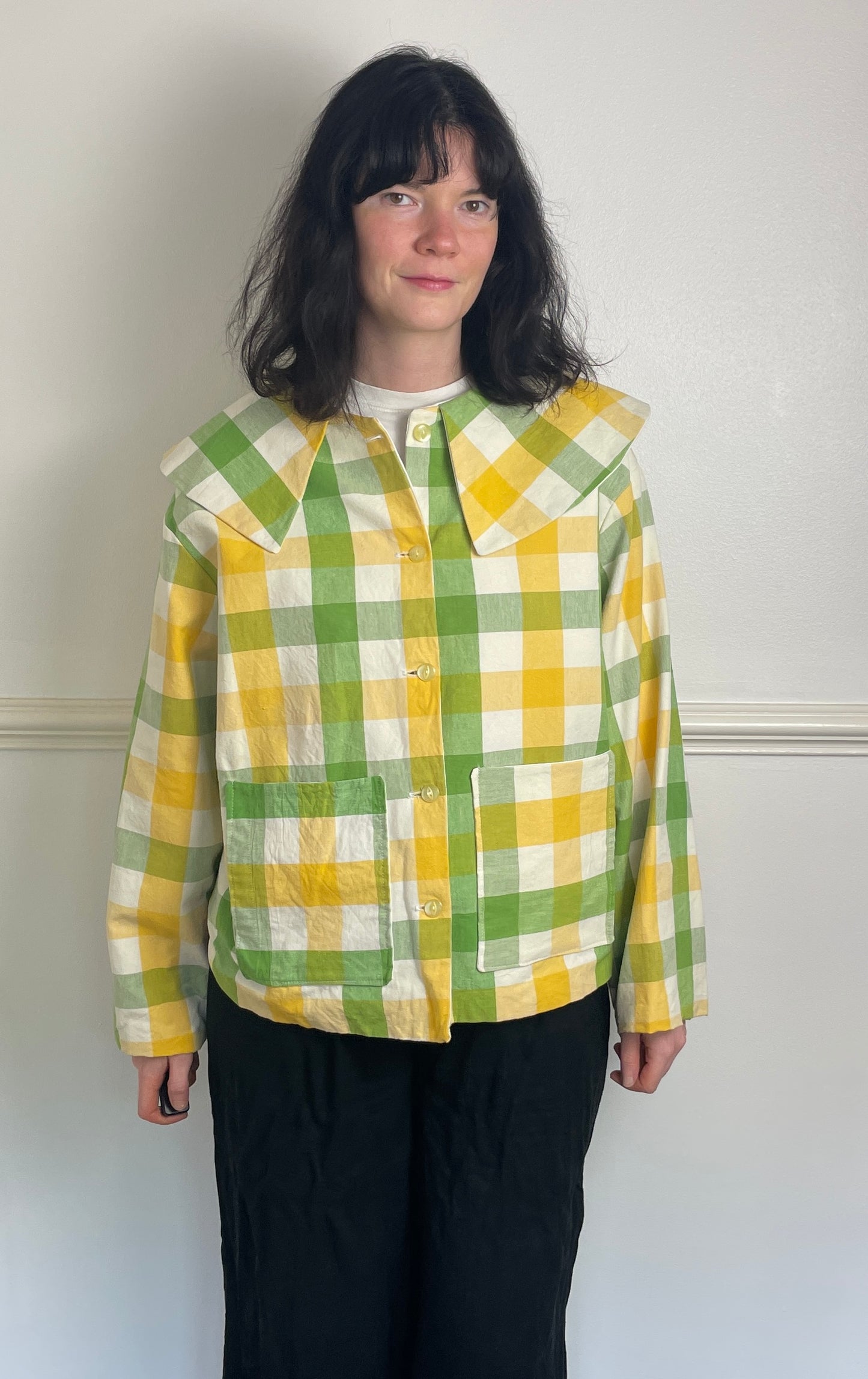 Handmade Green and Yellow Checked Large Collar Jacket - Size 16