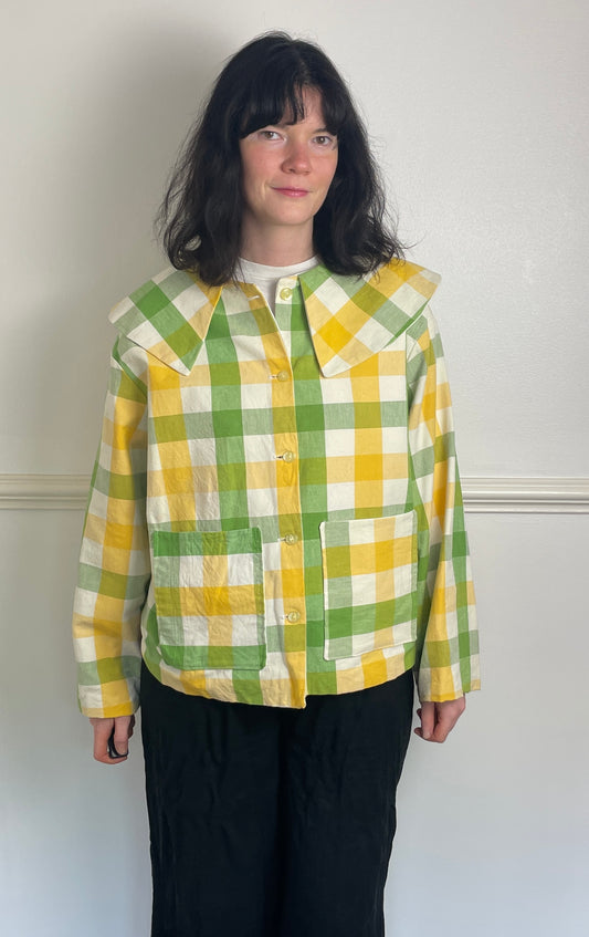 Handmade Green and Yellow Checked Large Collar Jacket - Size 16