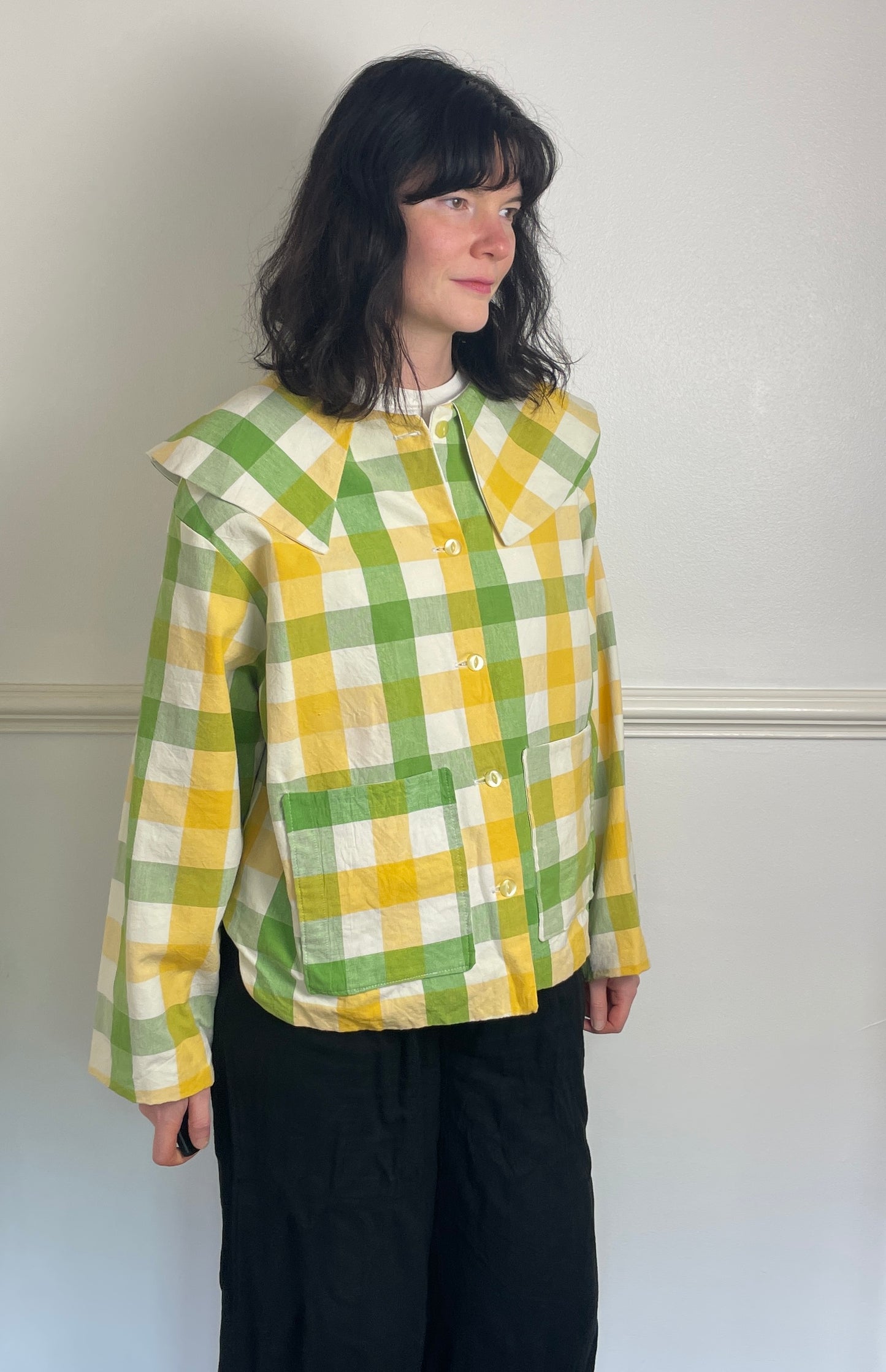 Handmade Green and Yellow Checked Large Collar Jacket - Size 16
