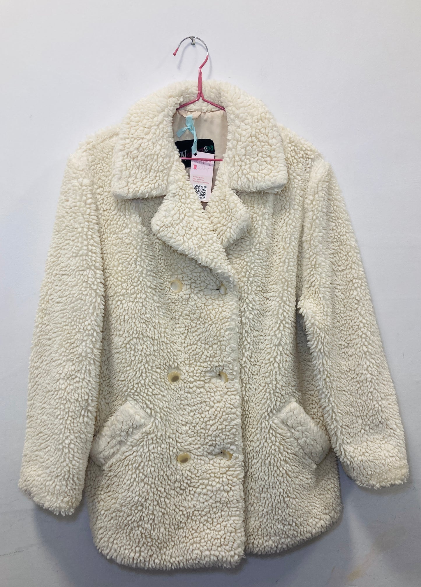 Vintage 70s White Borg Double Breasted Teddy Coat - Up To Size 14 - scrappingell