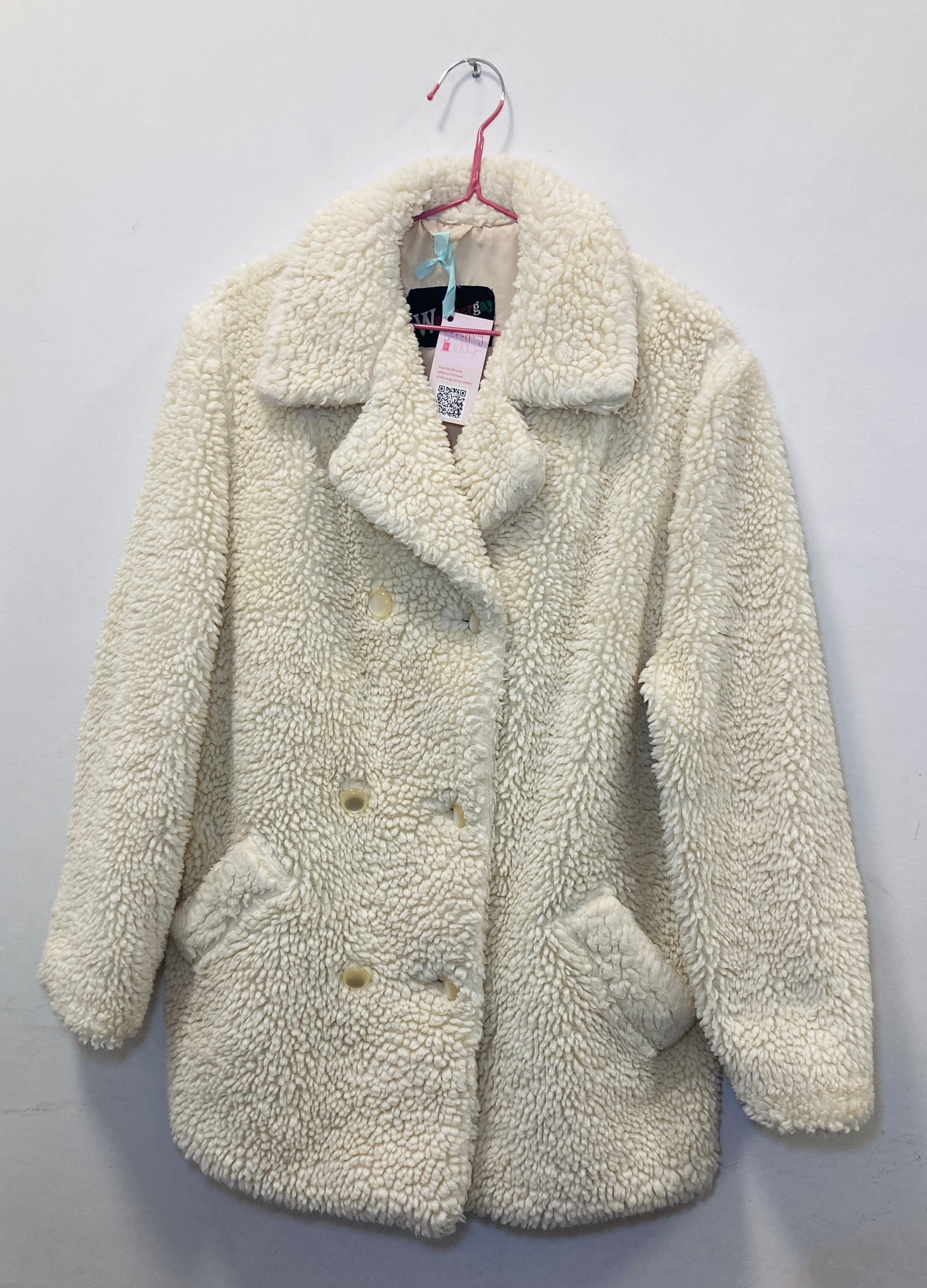 Vintage 70s White Borg Double Breasted Teddy Coat - Up To Size 14 - scrappingell