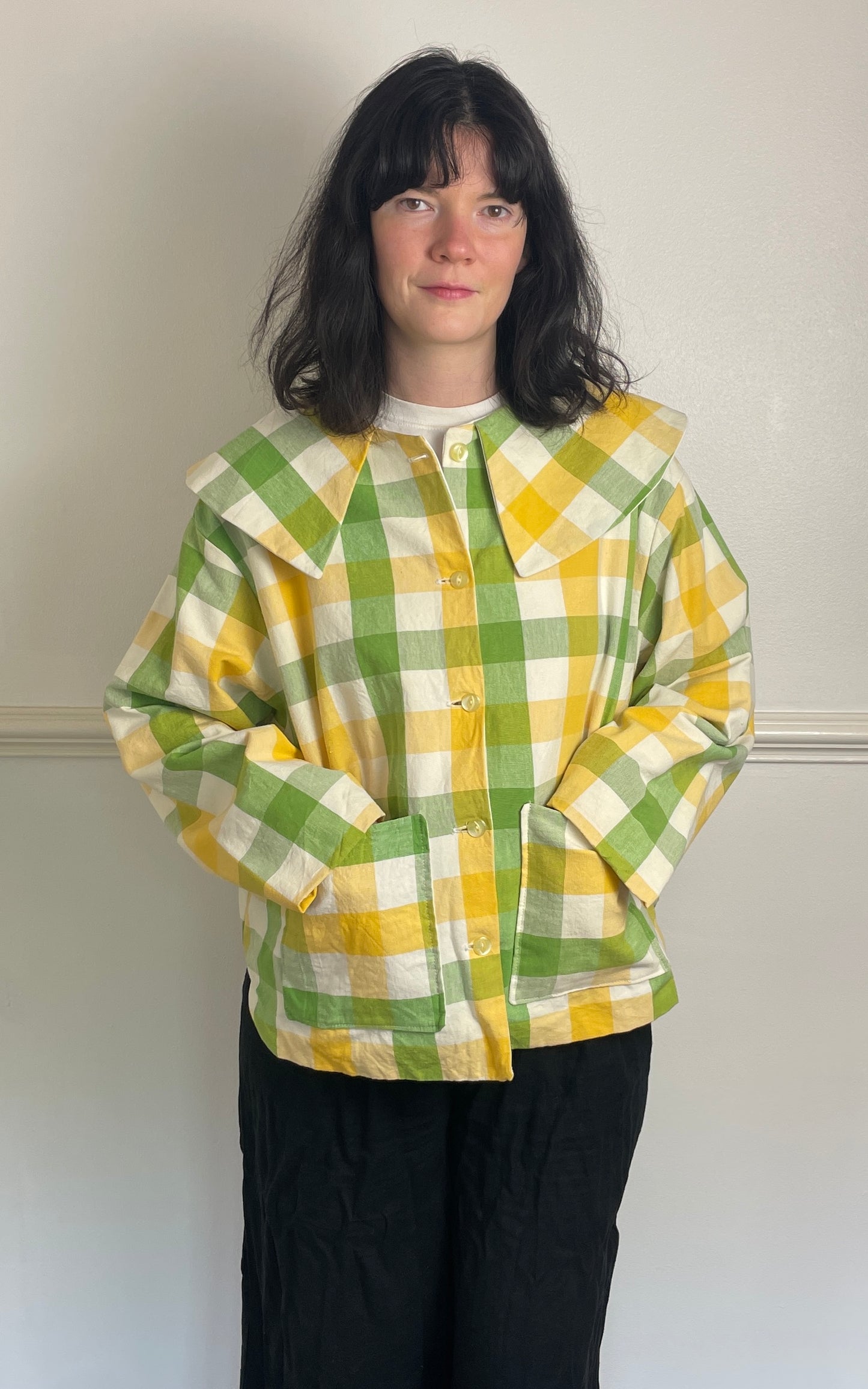 Handmade Green and Yellow Checked Large Collar Jacket - Size 16