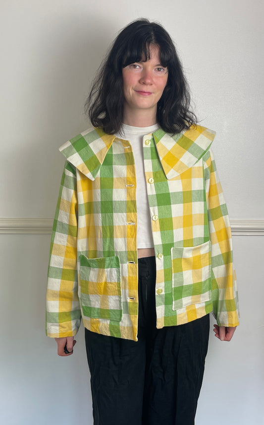 Handmade Green and Yellow Checked Large Collar Jacket - Size 16