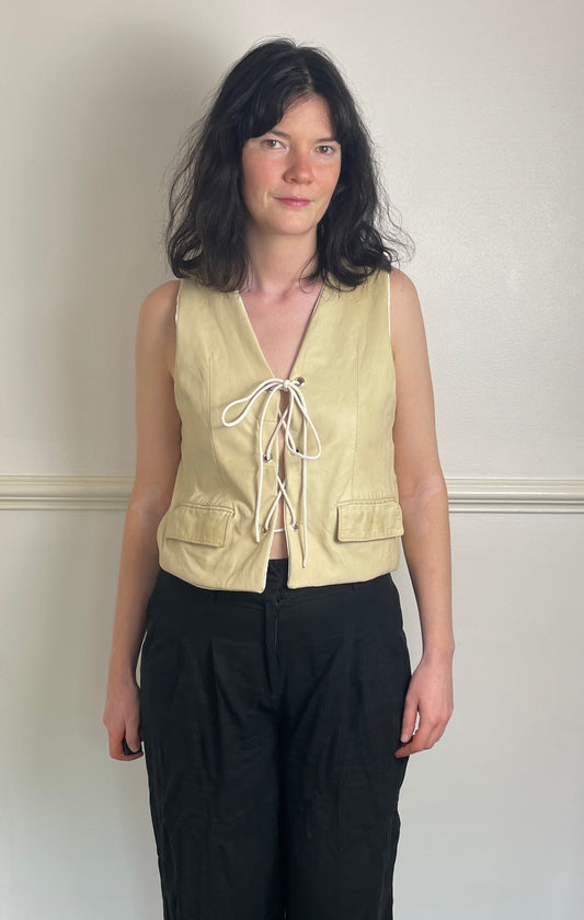 Handmade Beige Leather Lace Up Sleeveless Vest Top - Size 10